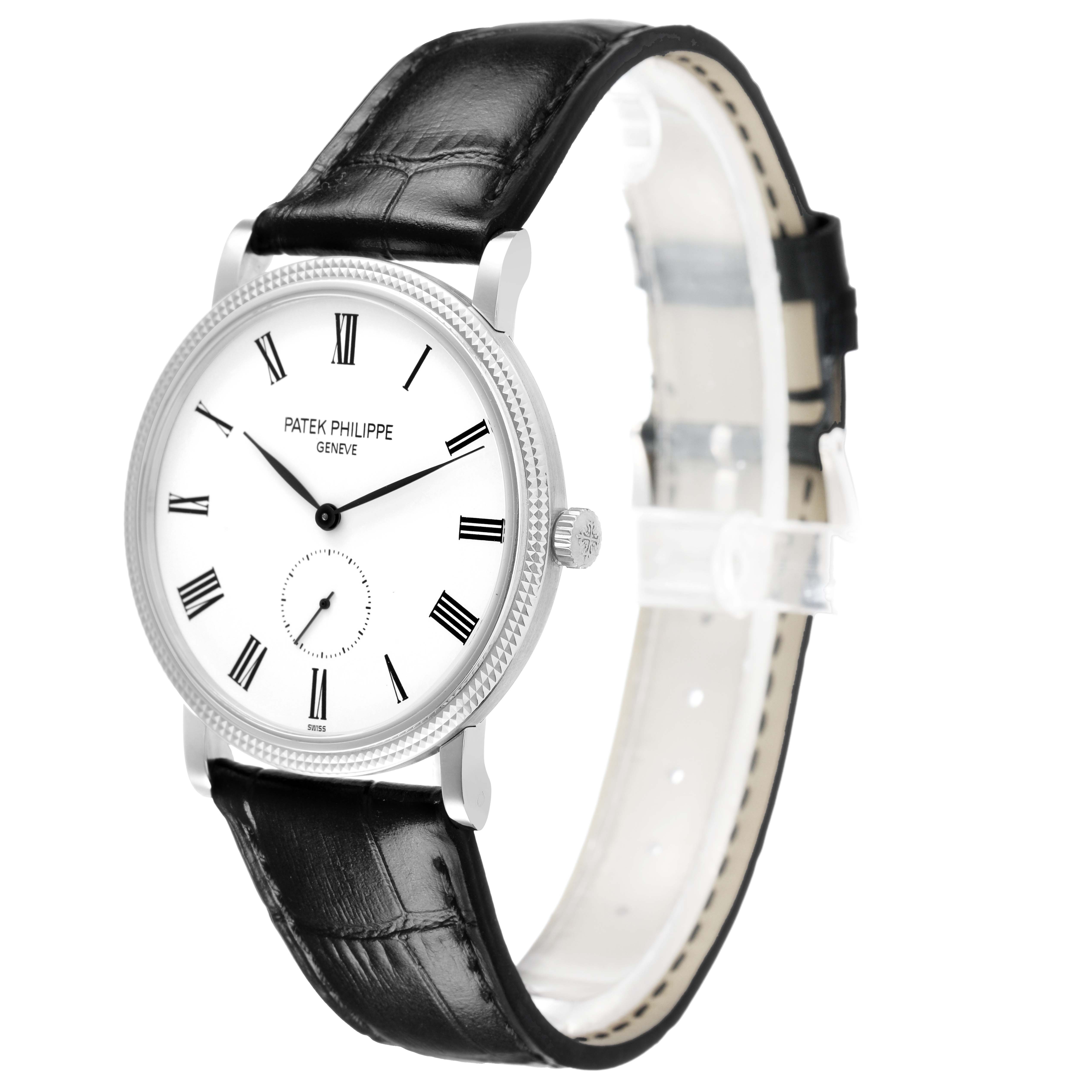 The Patek Philippe Calatrava 5119G-001 Men's White Gold White Dial watch is shown at a slight angle, highlighting its face, Roman numerals, and leather strap.