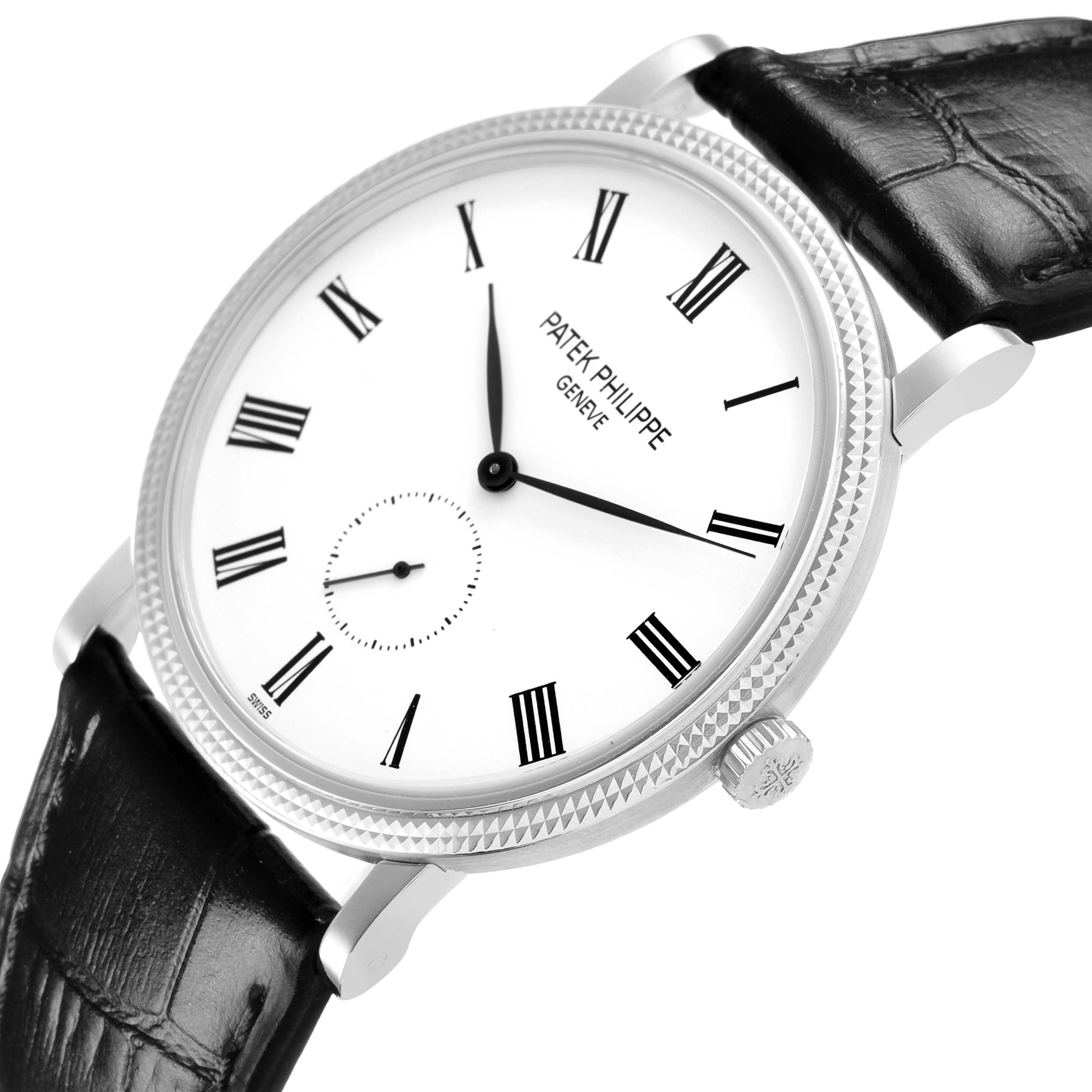 The image shows a Patek Philippe Calatrava 5119G-001 Men's White Gold White Dial watch at an angled side view, highlighting its dial, Roman numerals, crown, and leather strap.