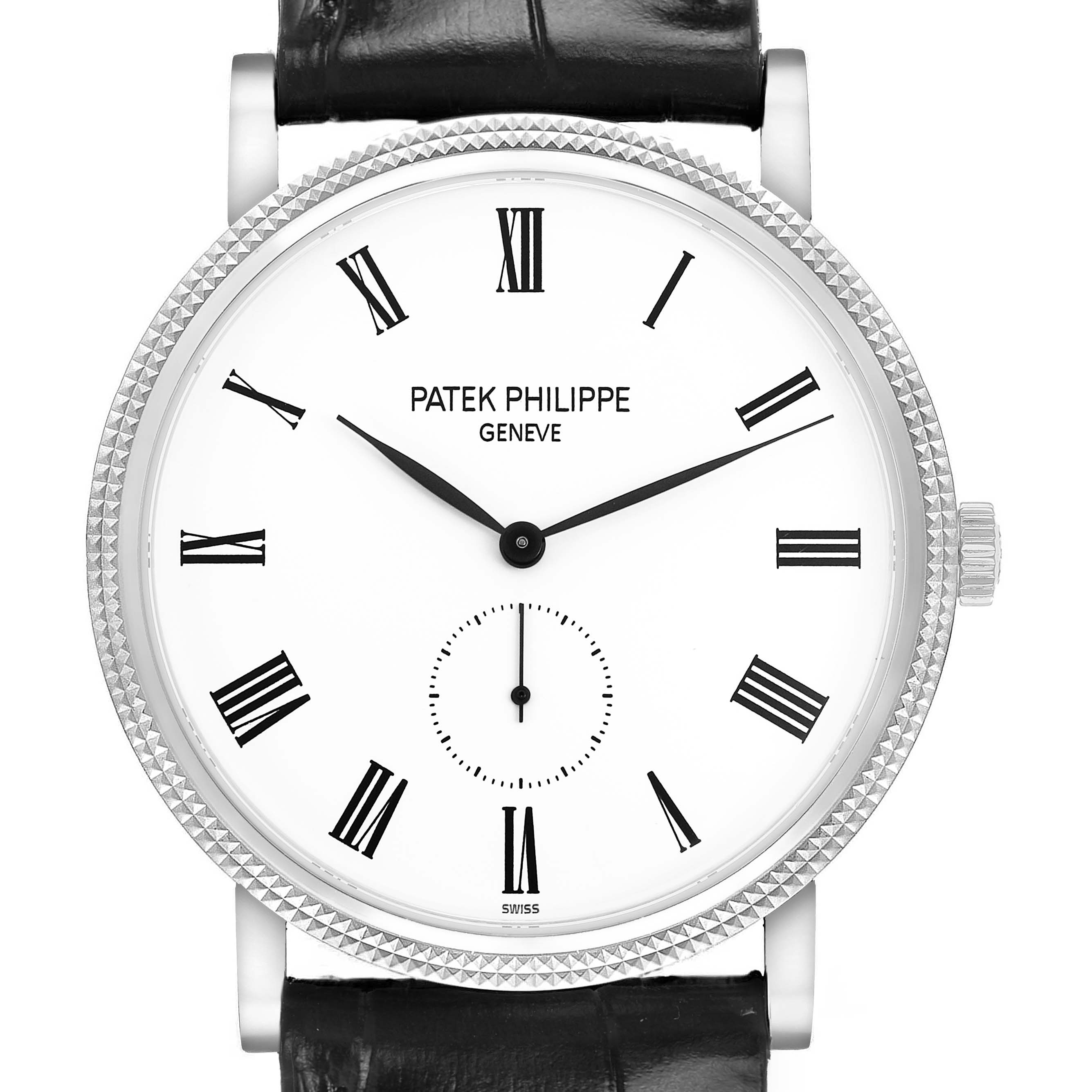 The Patek Philippe Calatrava 5119G-001 Men's White Gold White Dial watch is shown from a front angle, highlighting the dial, hands, bezel, and part of the strap.