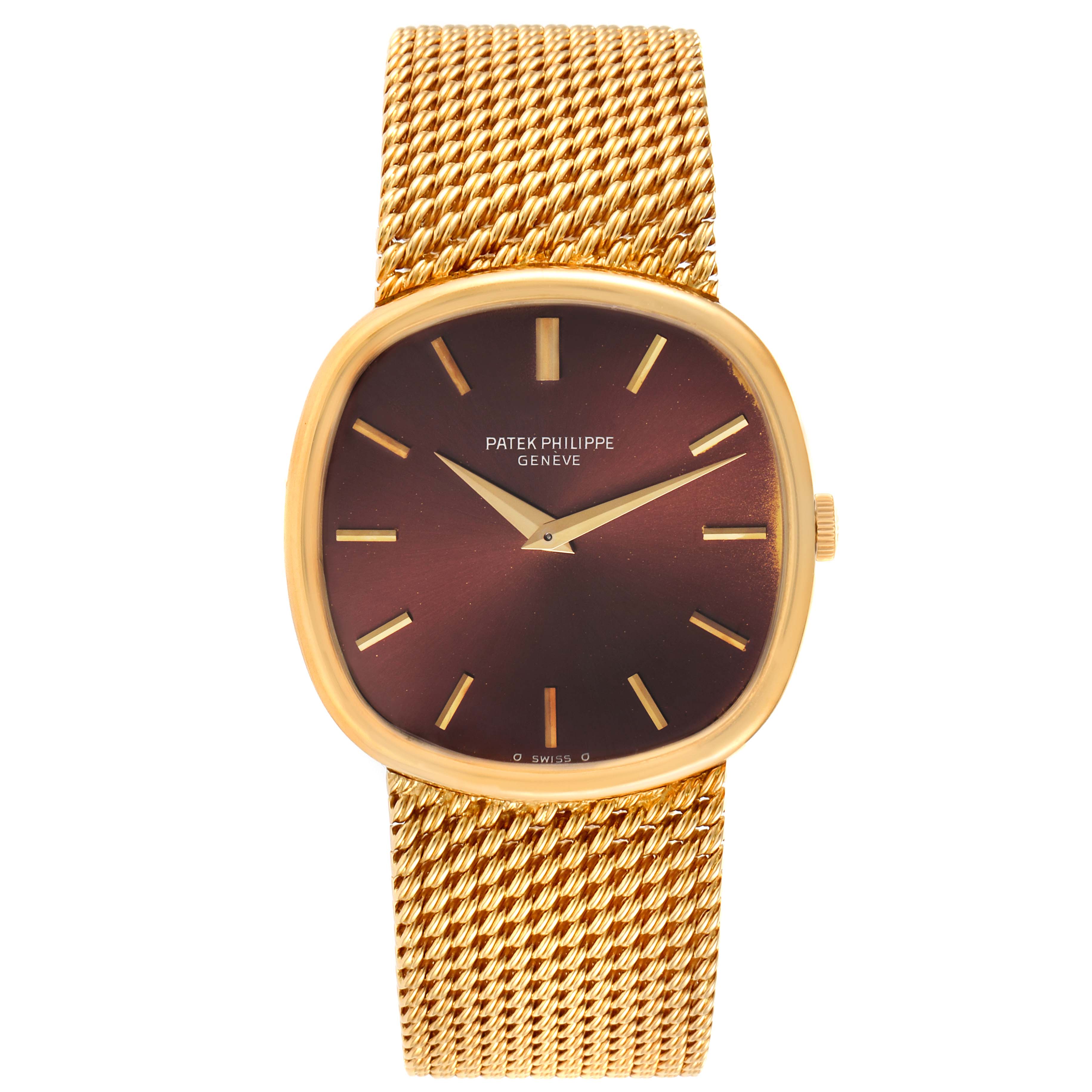 This image shows the front view of the Patek Philippe 3844 Men's Yellow Gold Brown Dial 3844 Men's Yellow Gold Brown Dial Ellipse 18k Yellow Gold Reddish Brown Dial Watch 3844 model.