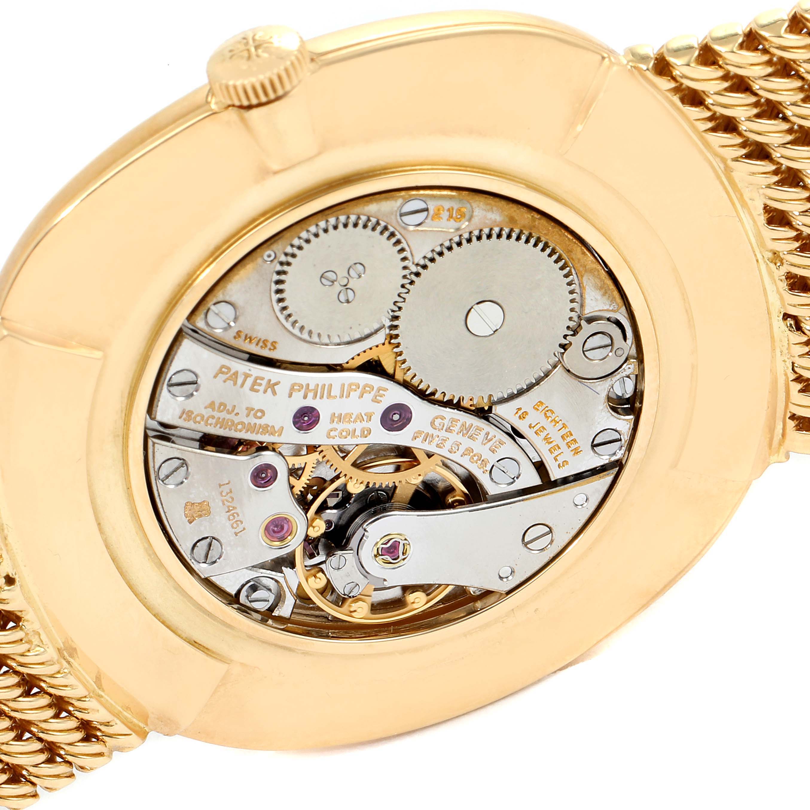 The image shows the movement and inner mechanisms of the Patek Philippe 3844 Men's Yellow Gold Brown Dial 3844 Men's Yellow Gold Brown Dial Ellipse 18k Yellow Gold Reddish Brown Dial Watch 3844 Papers model.