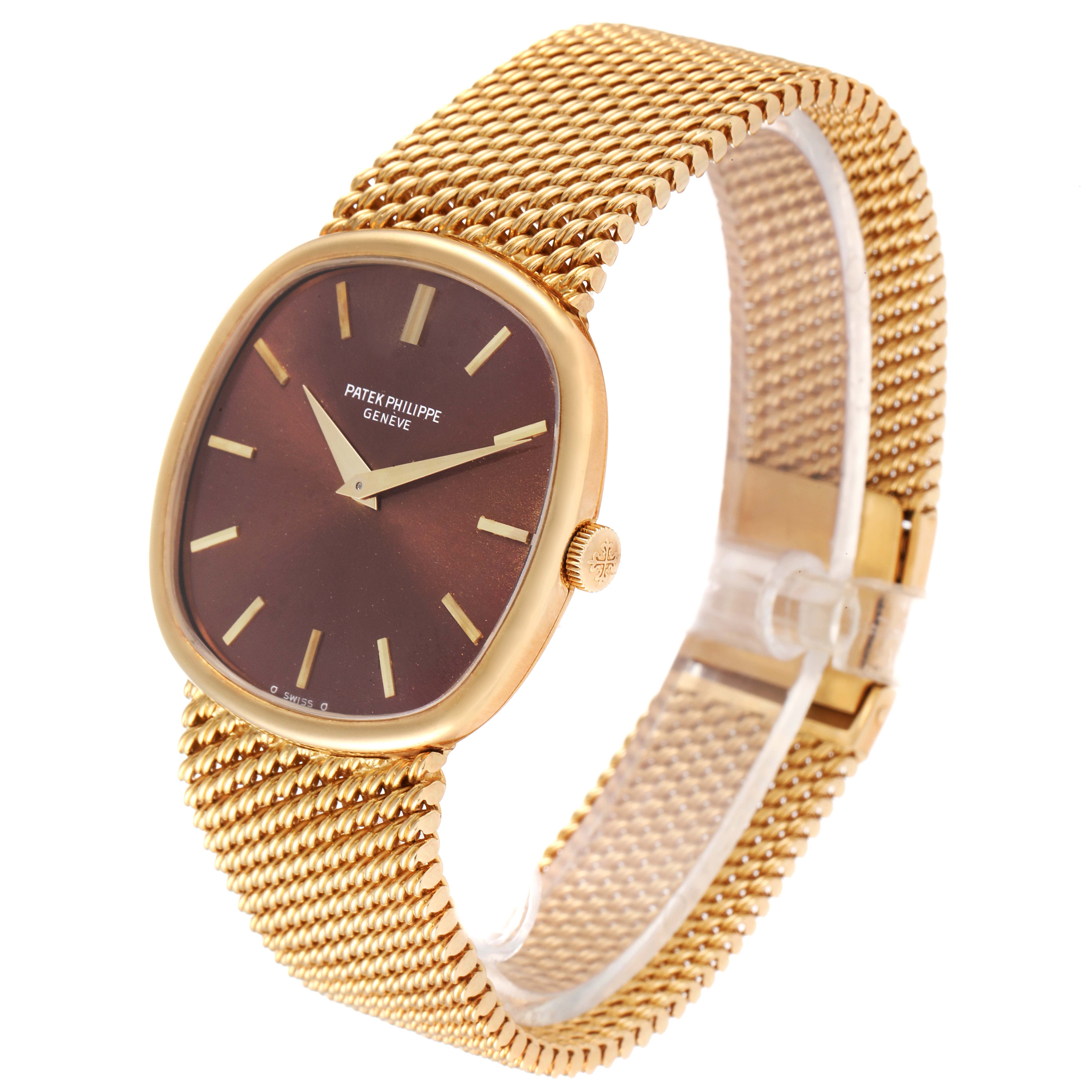 The image shows a Patek Philippe 3844 Men's Yellow Gold Brown Dial 3844 Men's Yellow Gold Brown Dial Ellipse 18k Yellow Gold Reddish Brown Dial Watch 3844 Papers model from an angled side view, highlighting the dial and mesh bracelet.