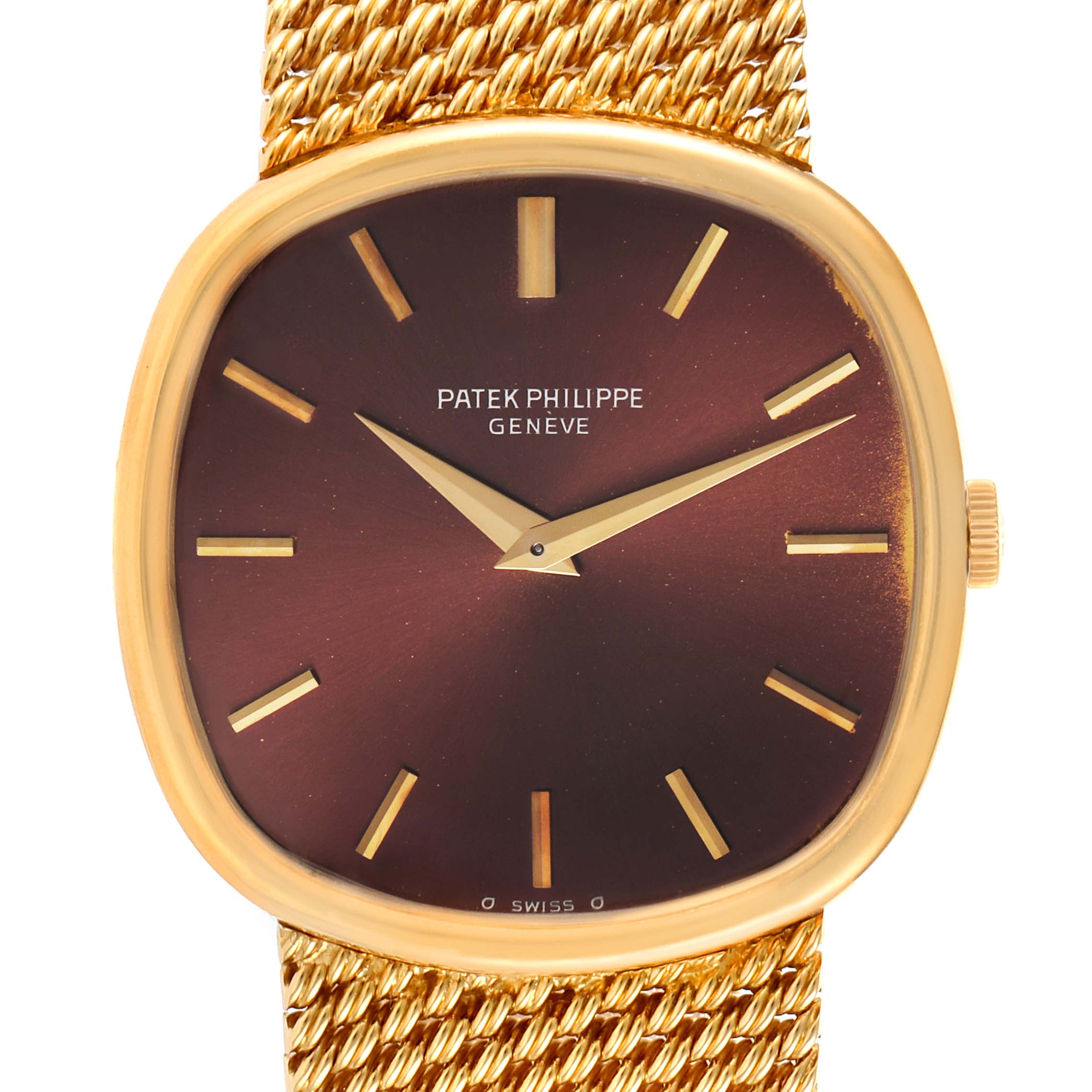 The image shows a front view of the Patek Philippe 3844 Men's Yellow Gold Brown Dial 3844 Men's Yellow Gold Brown Dial Ellipse 18k Yellow Gold Reddish Brown Dial Watch 3844 Papers model.
