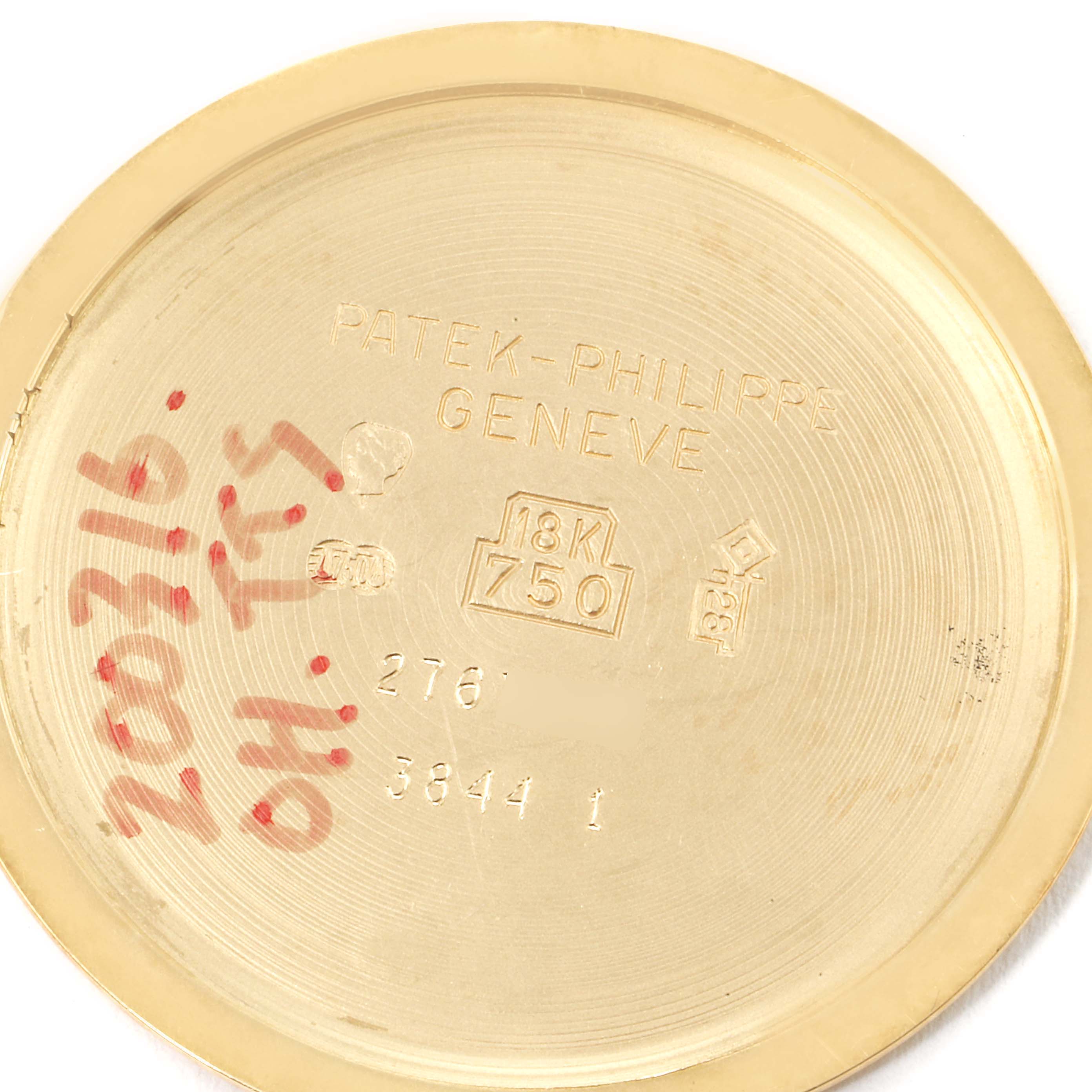 The image shows the inner case back of the Patek Philippe 3844 Men's Yellow Gold Brown Dial 3844 Men's Yellow Gold Brown Dial Ellipse 18k Yellow Gold Reddish Brown Dial Watch 3844 Papers model.