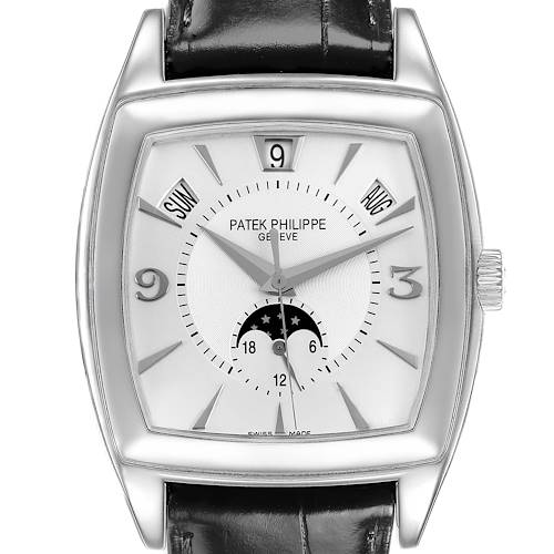 The Patek Philippe Gondolo 5135G-001 Men's White Gold Grey Dial watch is shown from the front, highlighting the dial, moon phase, and calendar features.
