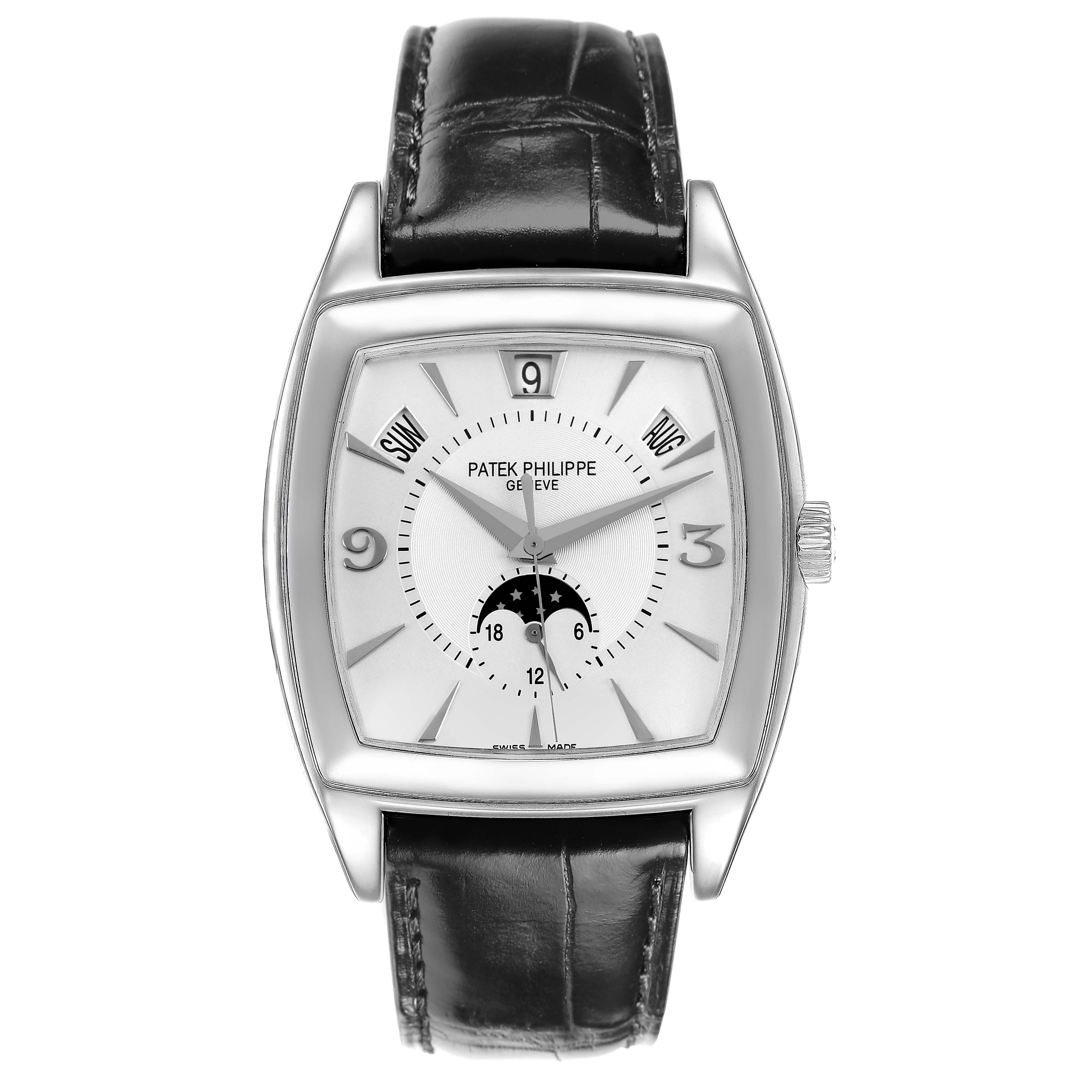 The Patek Philippe Gondolo 5135G-001 Men's White Gold Grey Dial watch is shown from a front angle, displaying the dial, hands, and strap.
