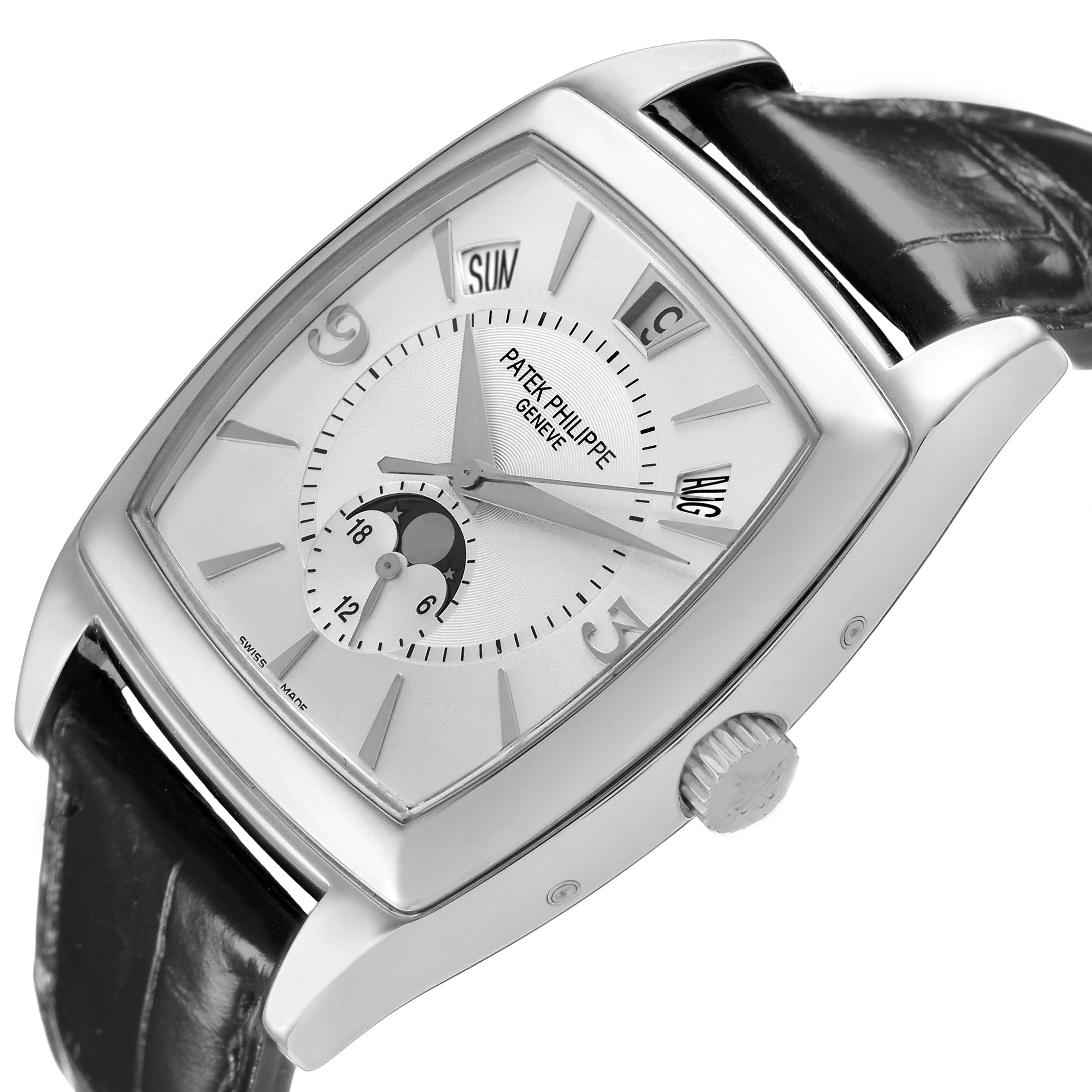 The image shows a side view of the Patek Philippe Gondolo 5135G-001 Men's White Gold Grey Dial watch, displaying the dial, crown, and black leather strap.