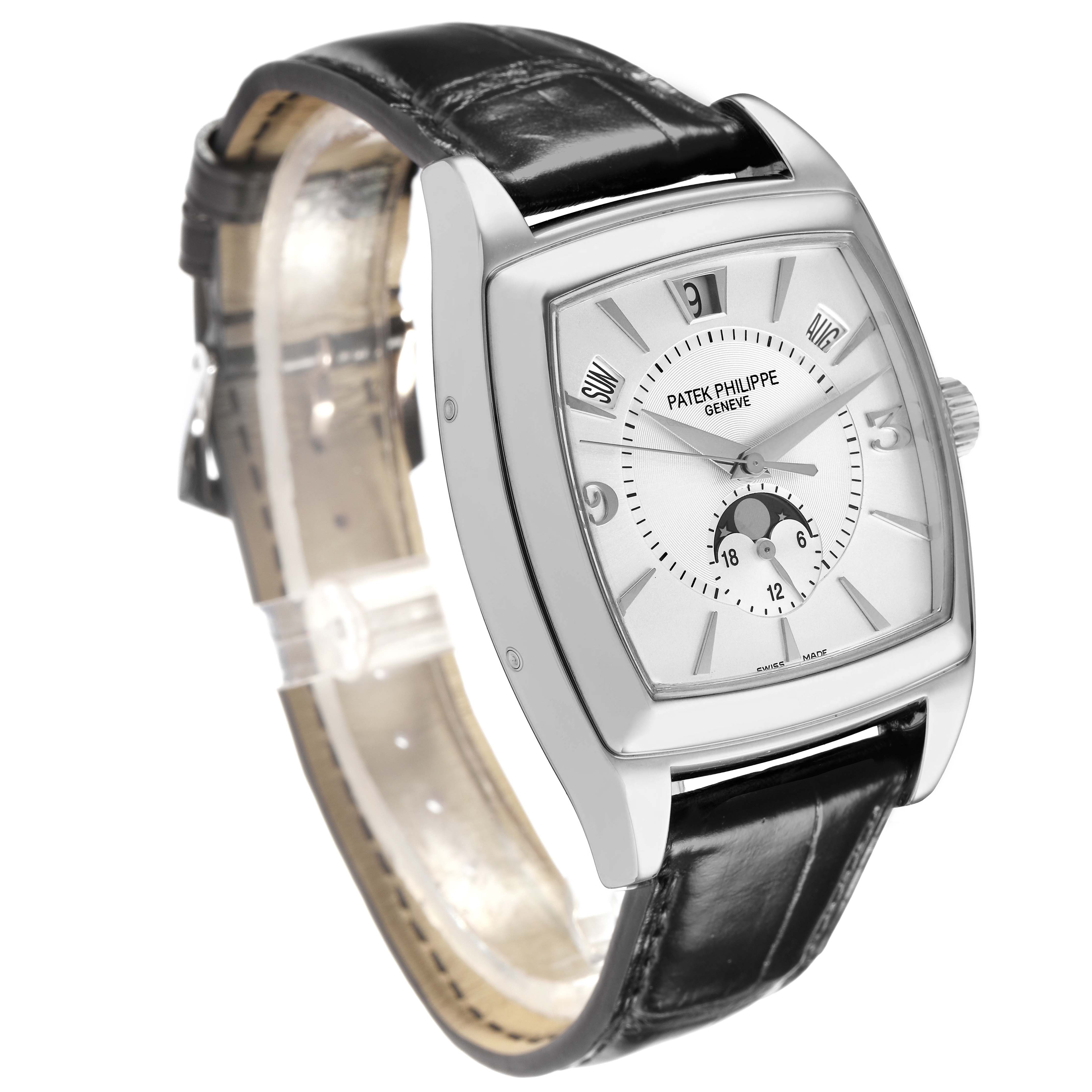 The Patek Philippe Gondolo 5135G-001 Men's White Gold Grey Dial watch is shown at a three-quarter angle, highlighting its dial, case, crown, and leather strap.