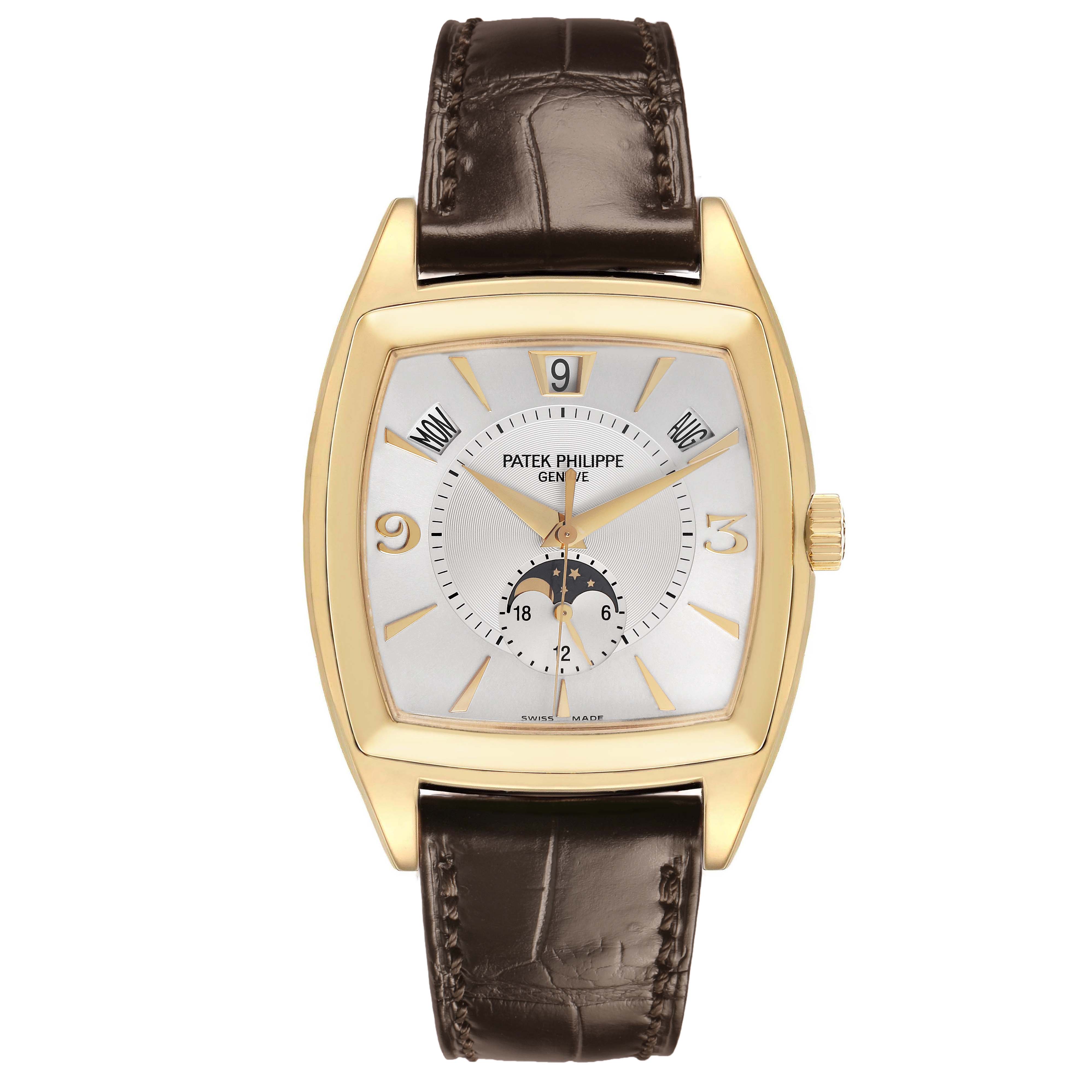 The Patek Philippe Gondolo 5135J-001 Men's Yellow Gold Silver Dial watch is shown from the front, highlighting the dial, case, and strap.