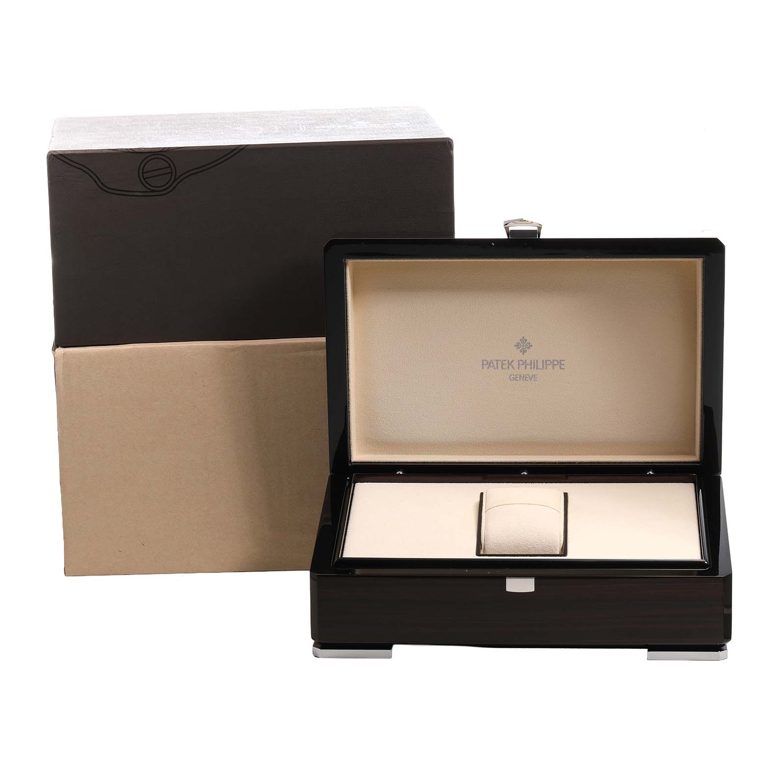 The image shows a Patek Philippe Gondolo 5135J-001 Men's Yellow Gold Silver Dial watch box opened, with both the inner and outer boxes visible.