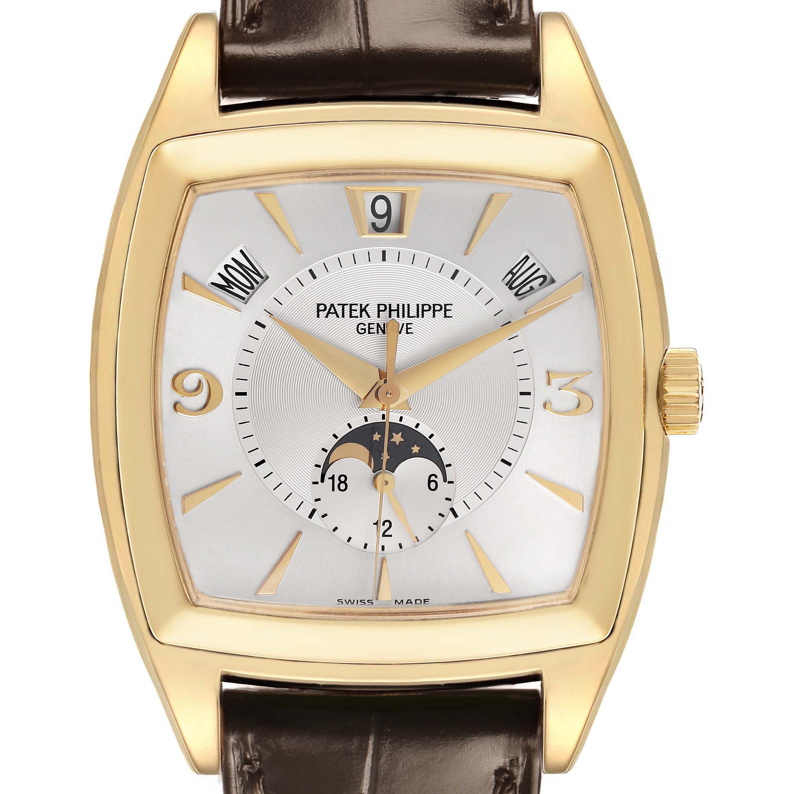 The image shows a frontal view of the Patek Philippe Gondolo 5135J-001 Men's Yellow Gold Silver Dial watch, highlighting its gold case, dial, date, and moon phase features.