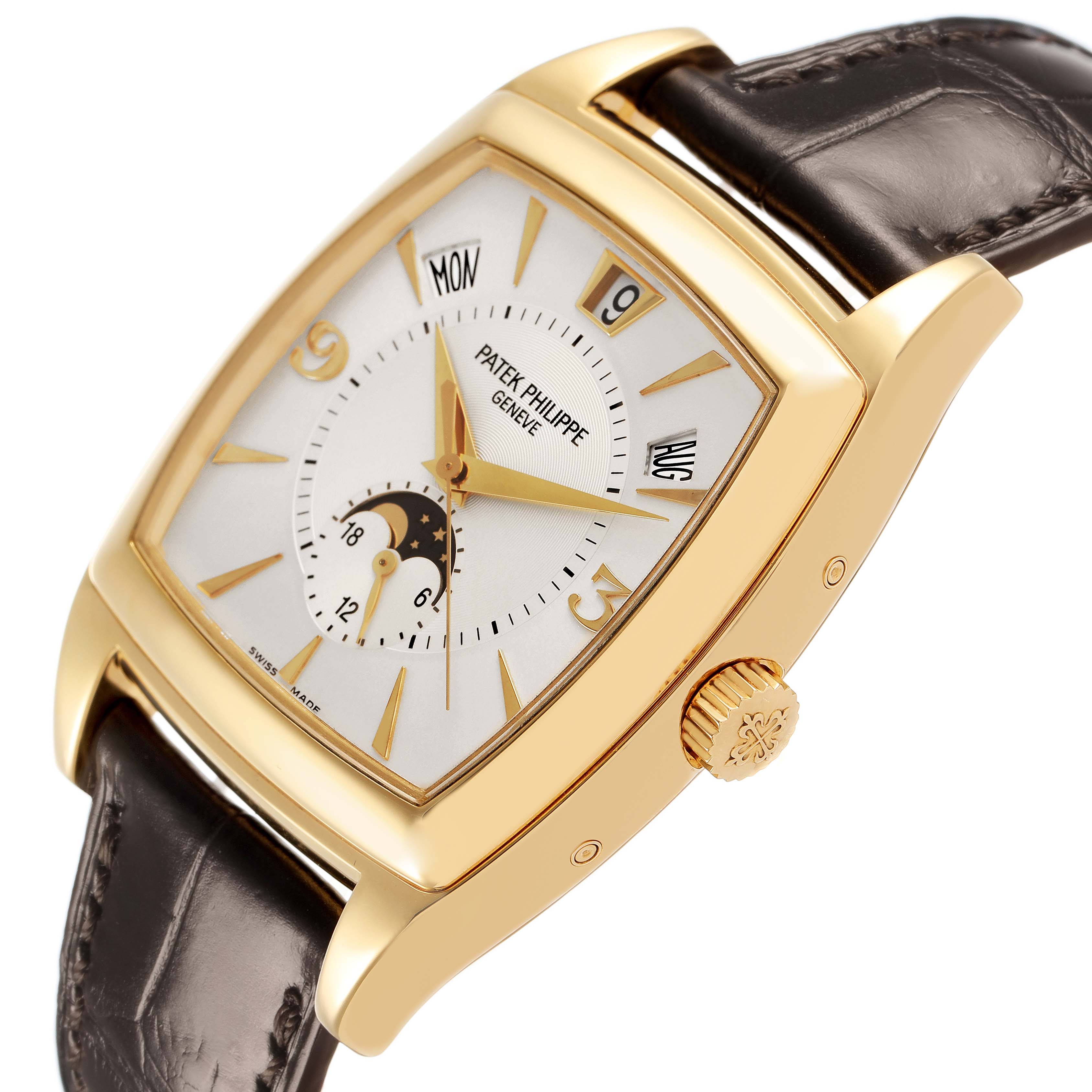 The Patek Philippe Gondolo 5135J-001 Men's Yellow Gold Silver Dial watch is shown in a three-quarter angle, highlighting the gold case, crown, and leather strap.