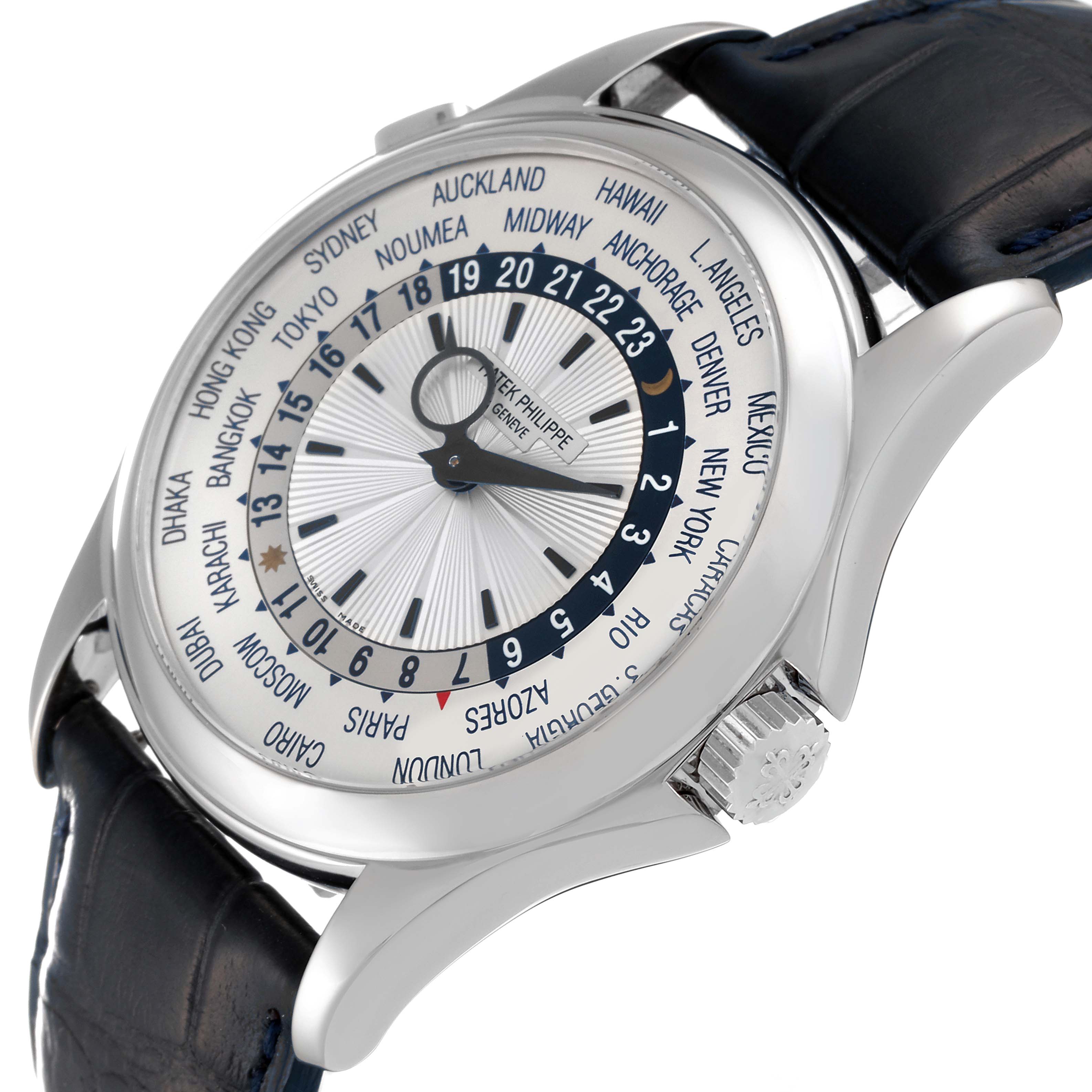This image shows a side angle of the Patek Philippe Complications 5130G Men
s White Gold Silver Dial 5130G Men
s White Gold Silver Dial watch, highlighting the face, dial, and crown.