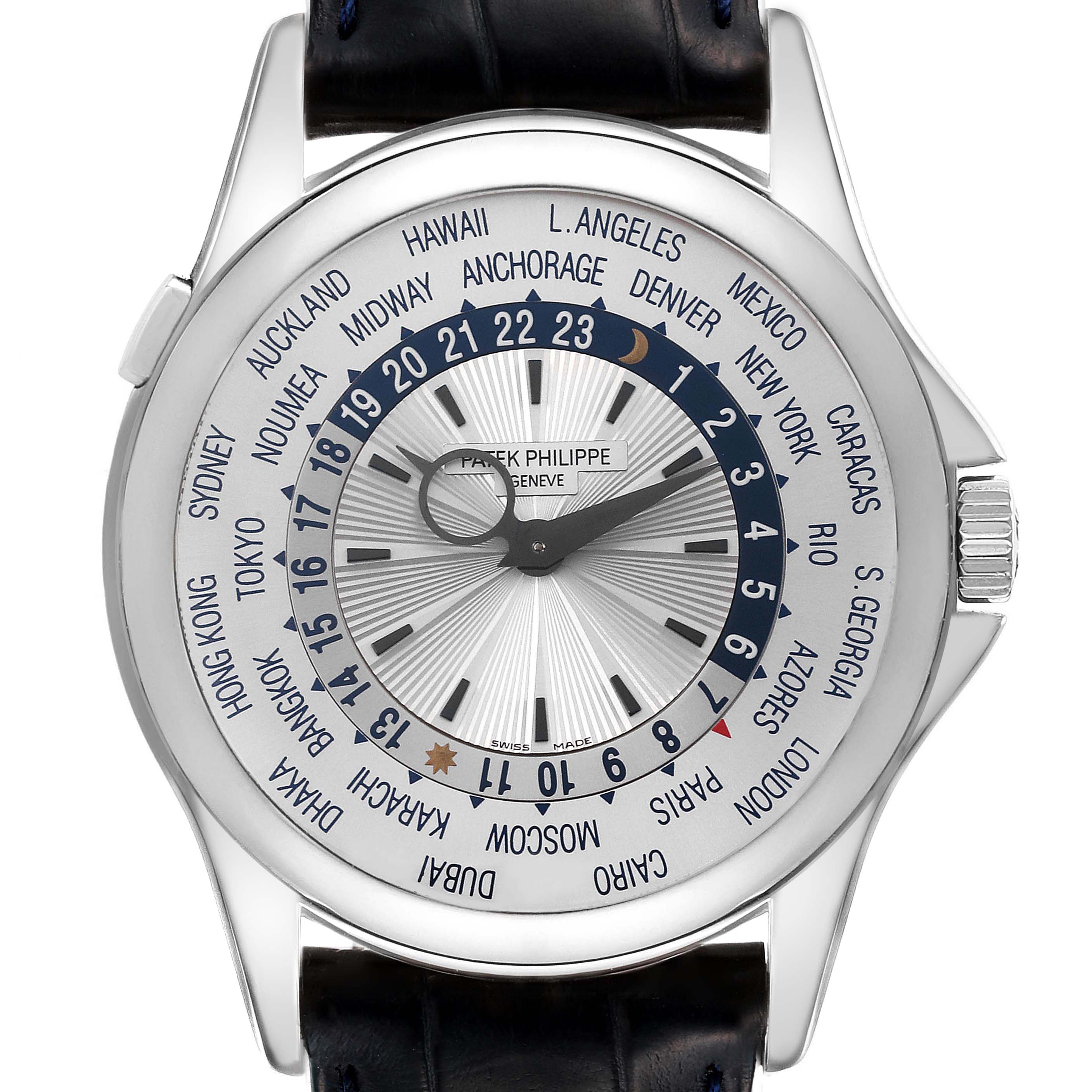 This image shows the front view of the Patek Philippe Complications 5130G Men
s White Gold Silver Dial 5130G Men
s White Gold Silver Dial watch, displaying the world time and a portion of the strap.