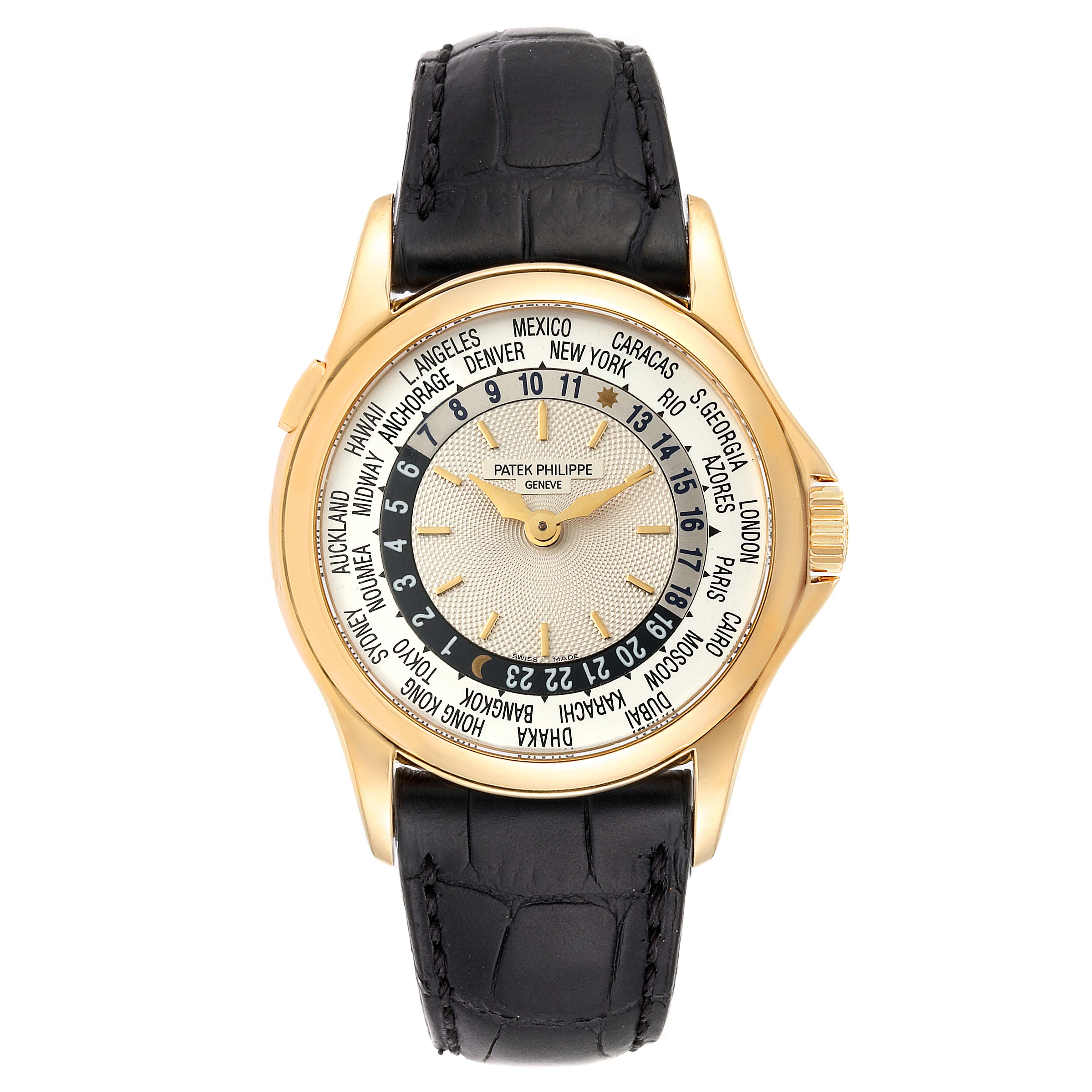 This image shows a front-angle view of a Patek Philippe Complications 5110J Men's Yellow Gold Silver Dial 5110J Men's Yellow Gold Silver Dial model watch with a gold case and black leather strap.