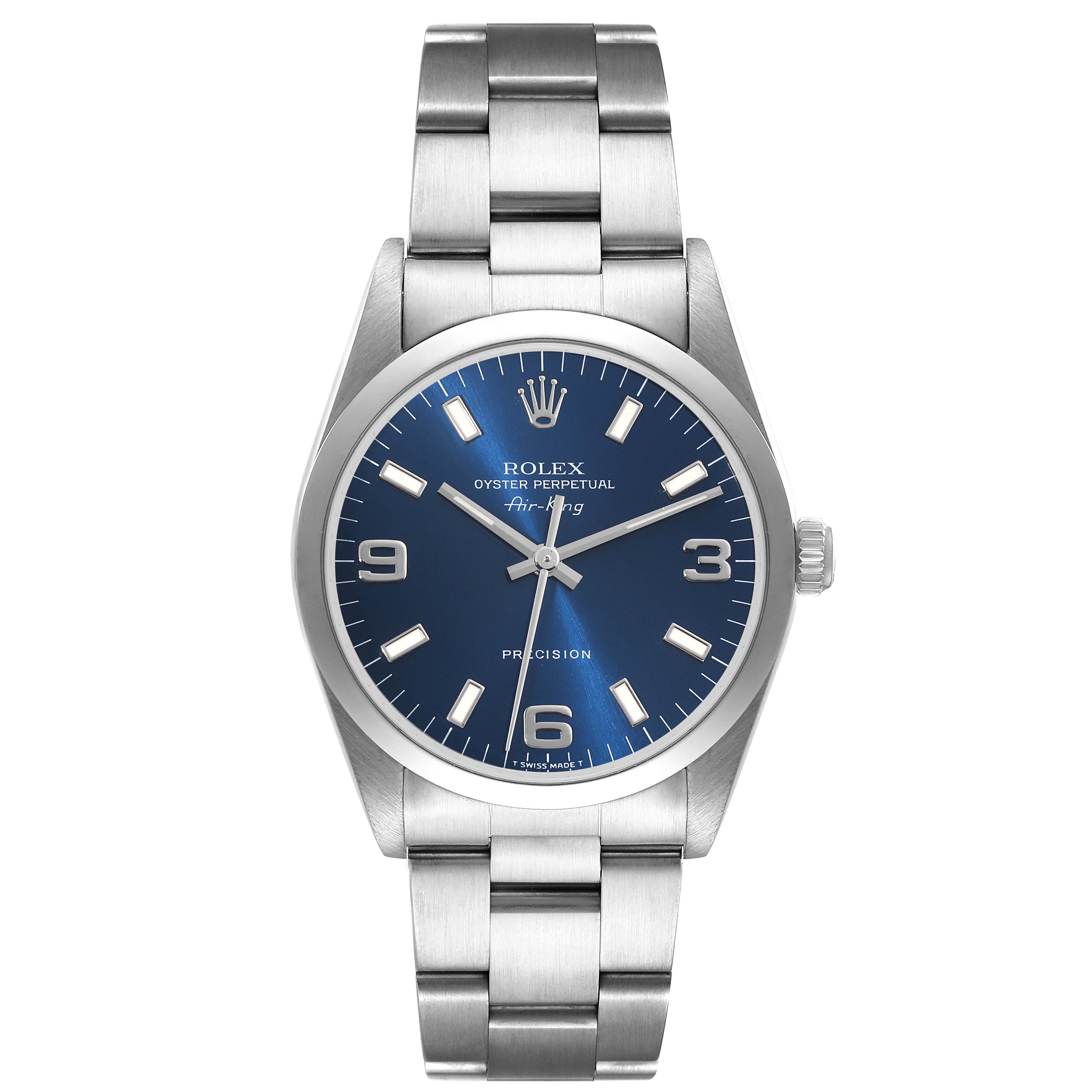 This image shows a front view of the Rolex Air-King 14000 Men's Stainless Steel Blue Dial 14000 Men's Stainless Steel Blue Dial, highlighting its blue dial, crown, and stainless steel bracelet.