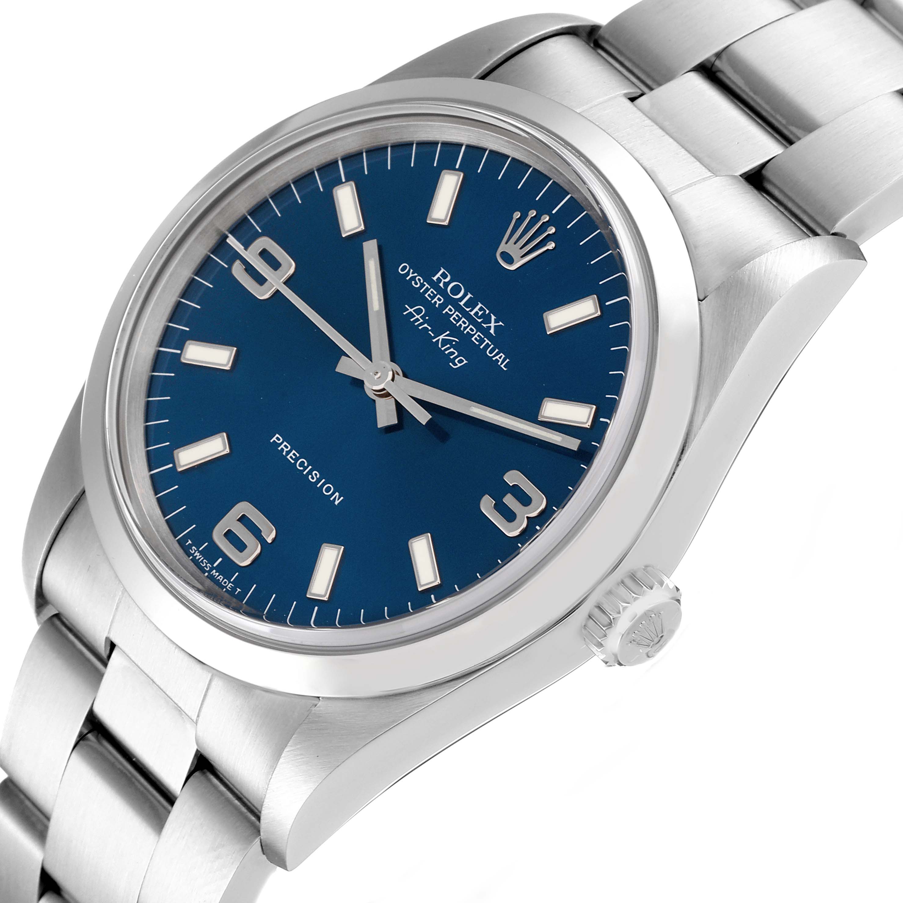 This image shows a partial side and front view of a Rolex Air-King 14000 Men's Stainless Steel Blue Dial 14000 Men's Stainless Steel Blue Dial watch, highlighting its blue dial, crown, and metallic strap.