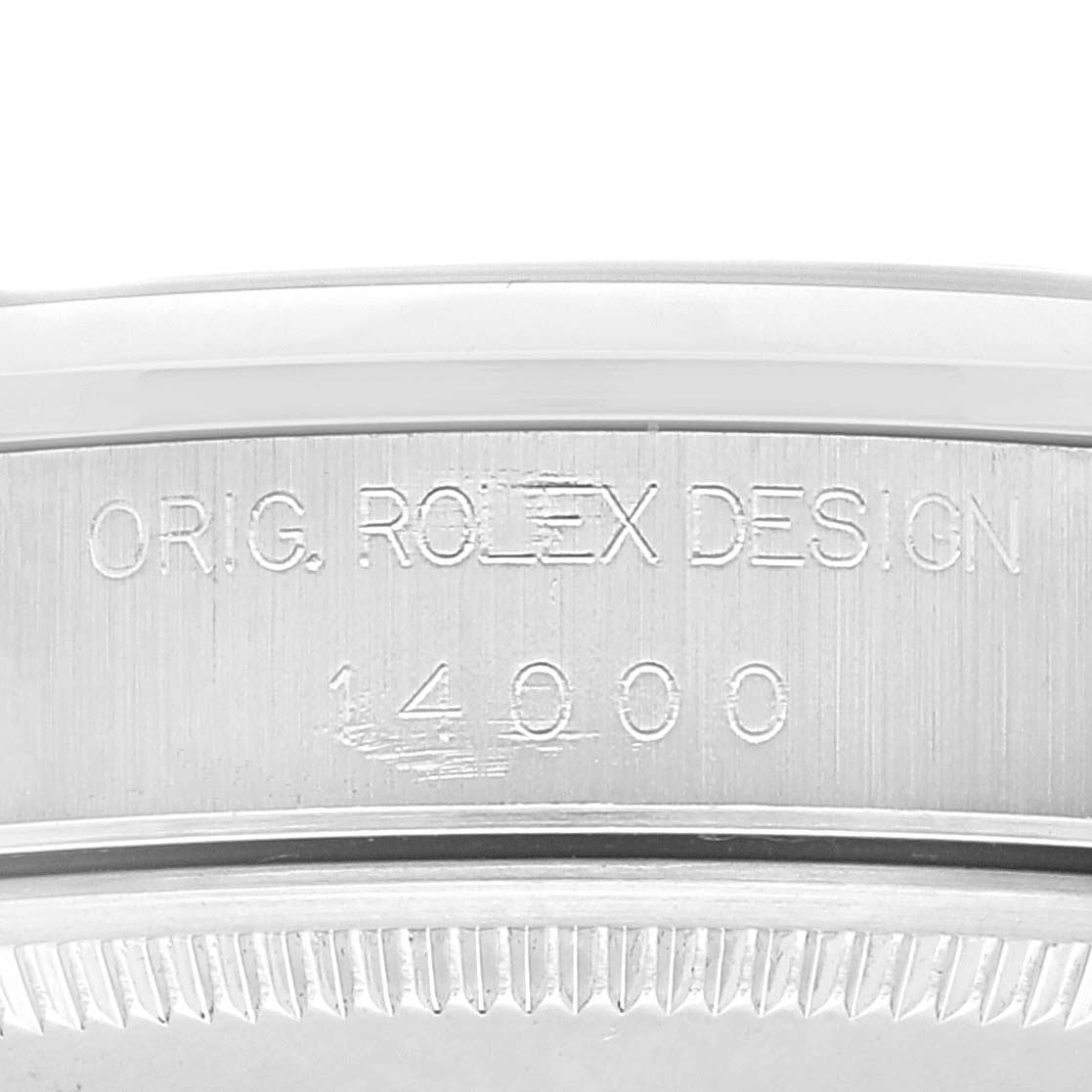 The image shows a close-up of the case side engraving on a Rolex Air-King 14000 Men's Stainless Steel Blue Dial 14000 Men's Stainless Steel Blue Dial model, displaying the words "O.R.I.G. ROLEX DESIGN" and "14000".