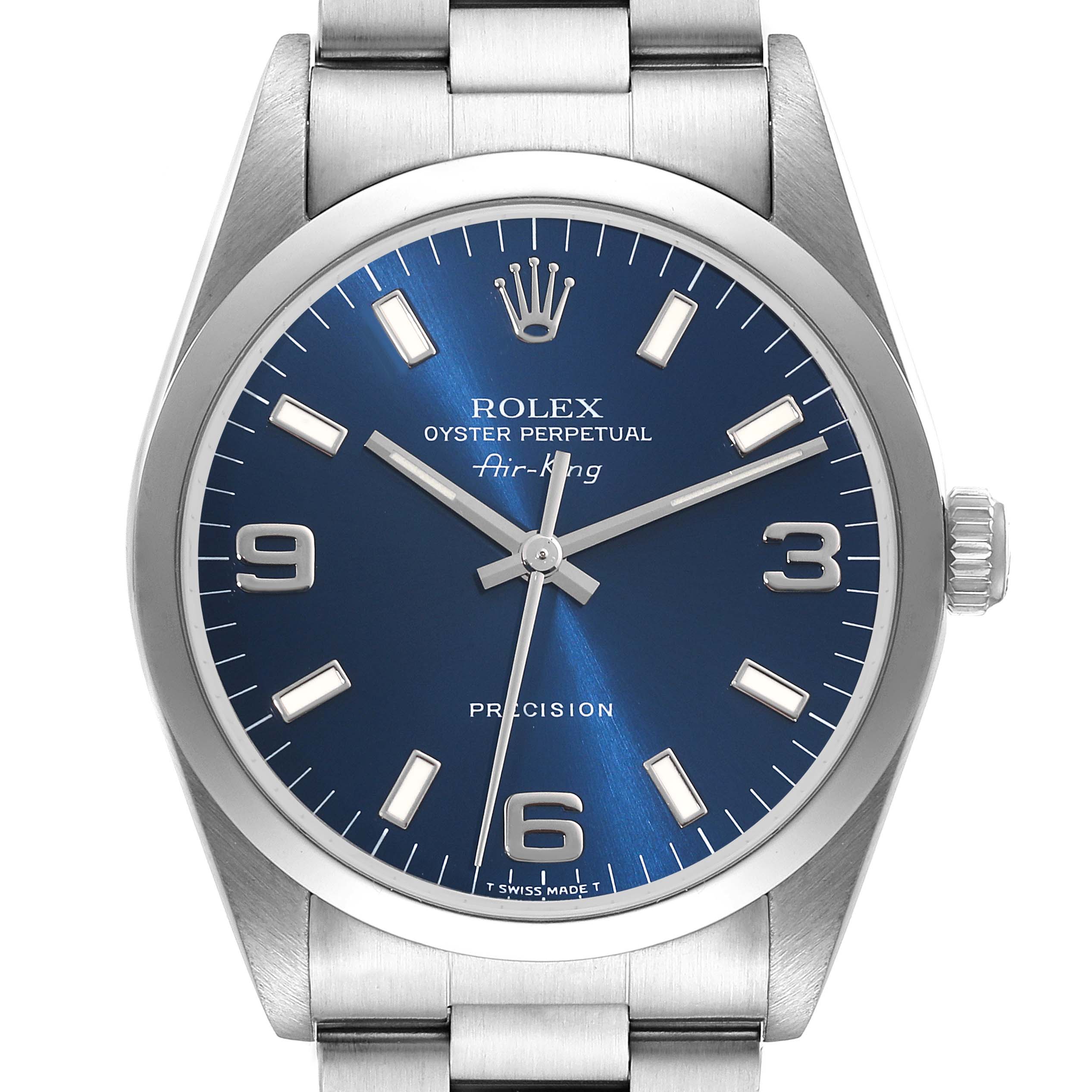 The image shows a front view of a Rolex Air-King 14000 Men's Stainless Steel Blue Dial 14000 Men's Stainless Steel Blue Dial watch, displaying its blue dial, silver markers, and stainless steel bracelet.