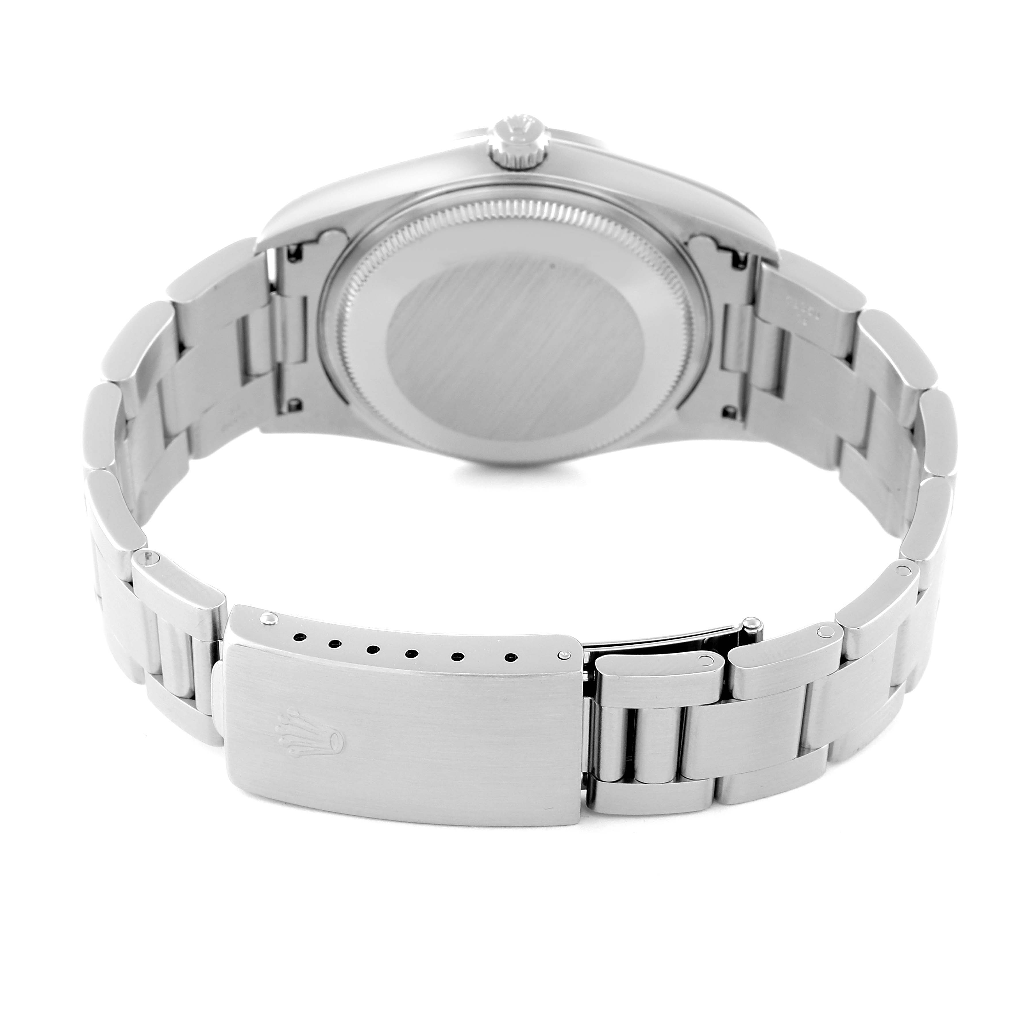 The image shows the back view of a Rolex Air-King 14000 Men's Stainless Steel Blue Dial 14000 Men's Stainless Steel Blue Dial watch, highlighting the bracelet and closed clasp.