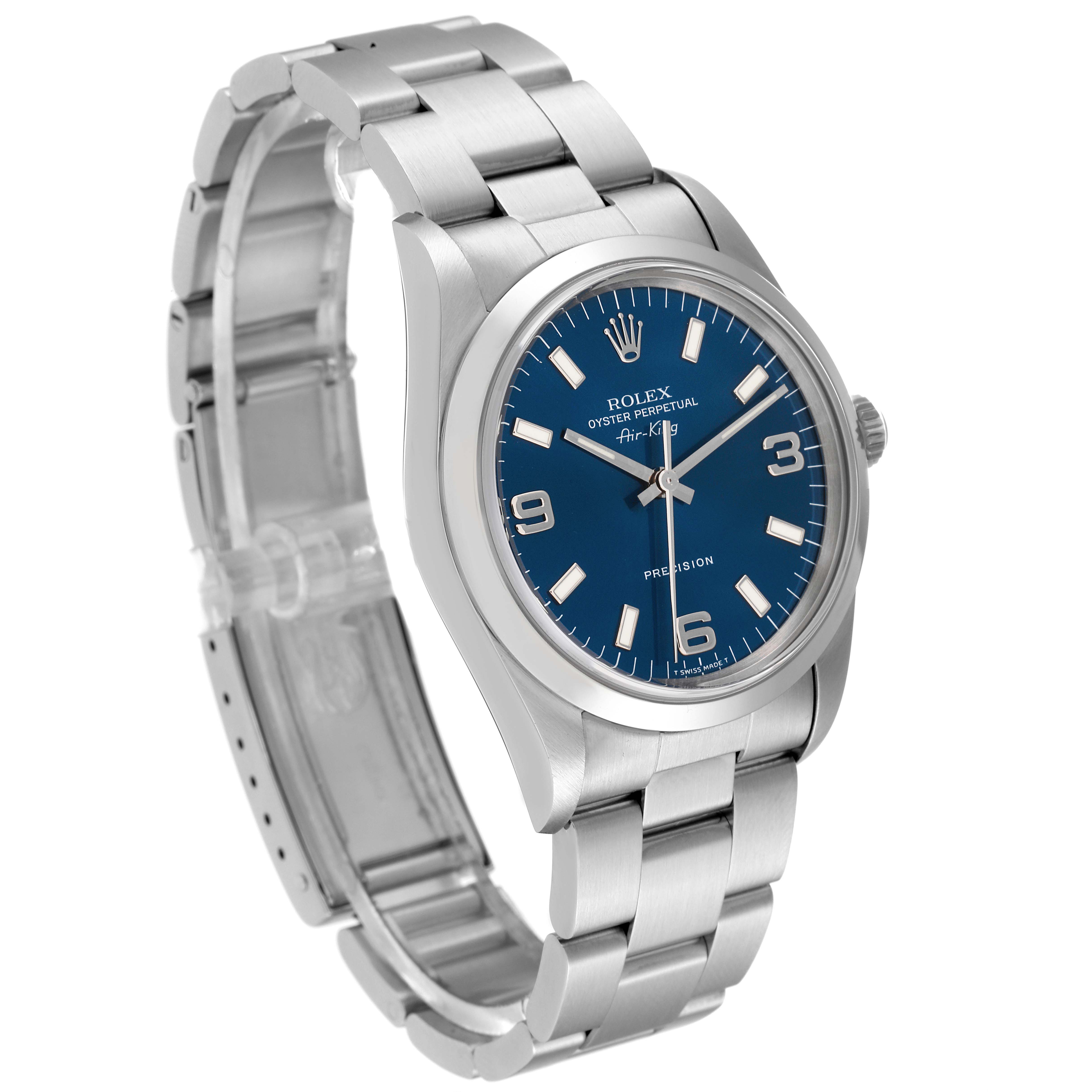 The image shows a Rolex Air-King 14000 Men's Stainless Steel Blue Dial 14000 Men's Stainless Steel Blue Dial watch with a blue dial and a stainless steel bracelet at a three-quarter angle.