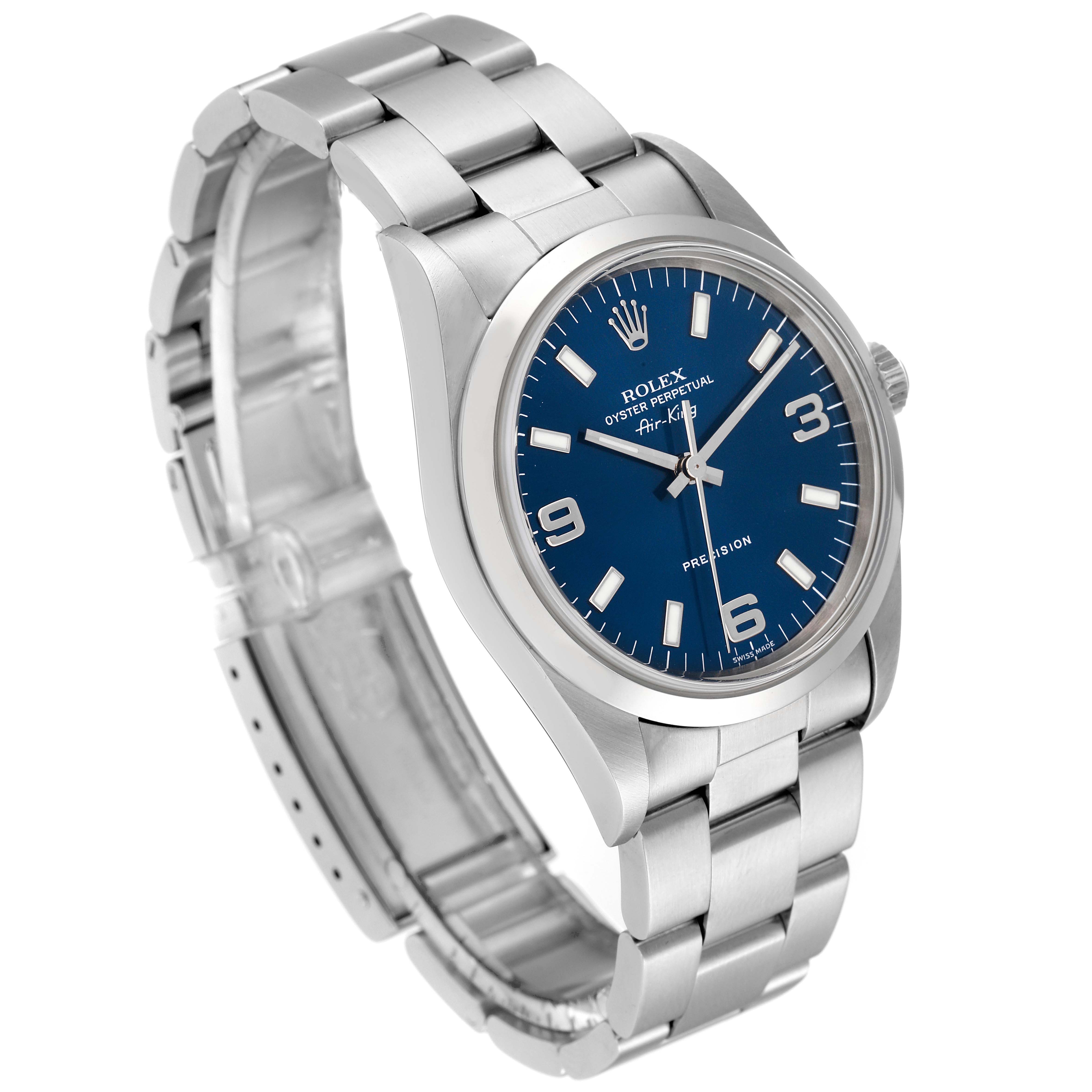 The image shows a side-front angled view of the Rolex Air-King 14000 Men's Stainless Steel Blue Dial 14000 Men's Stainless Steel Blue Dial watch, highlighting its blue dial and stainless steel bracelet.