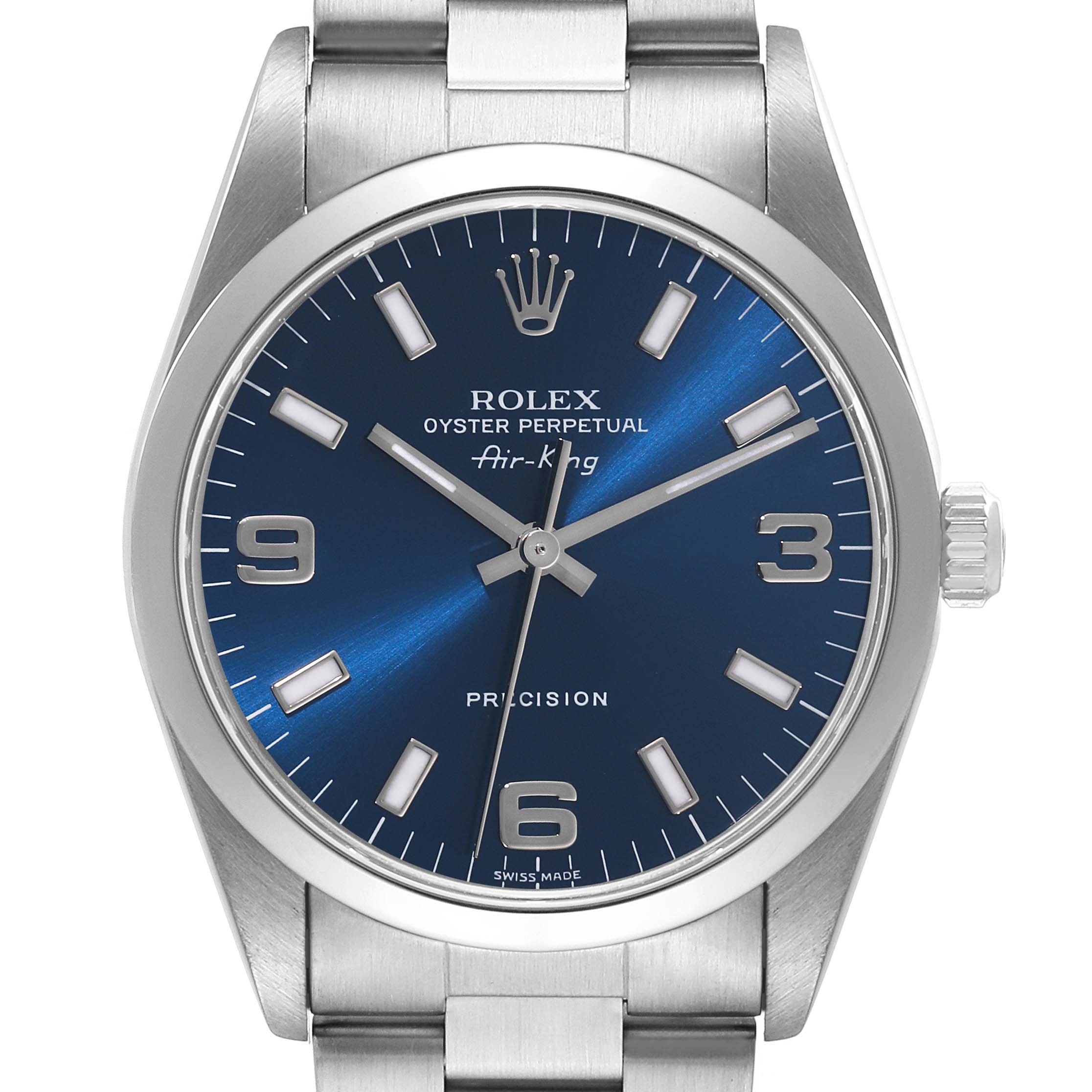 The image shows a front view of the Rolex Air-King 14000 Men's Stainless Steel Blue Dial 14000 Men's Stainless Steel Blue Dial watch, highlighting its blue dial, silver case, and bracelet.