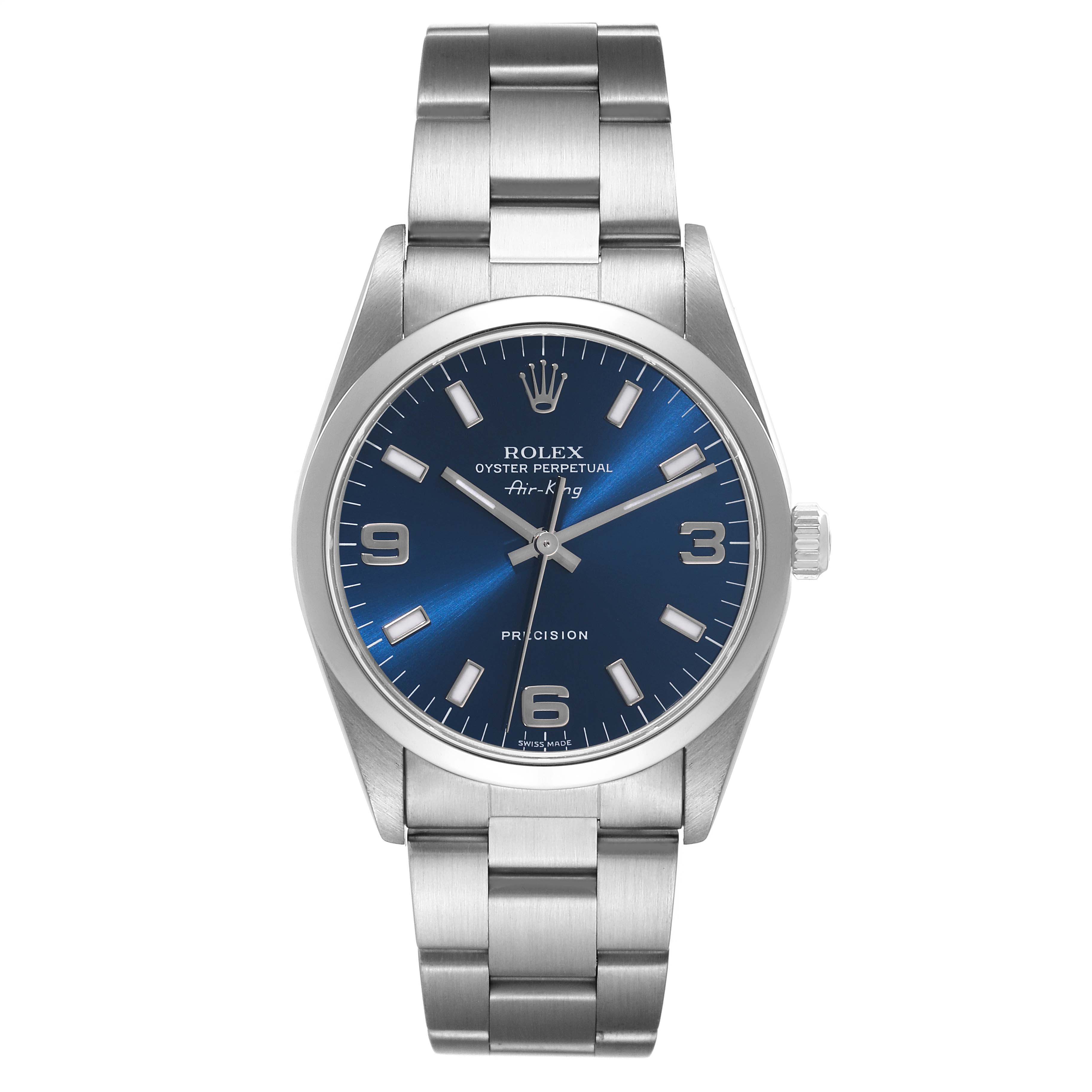 The image shows a front view of a Rolex Air-King 14000 Men's Stainless Steel Blue Dial 14000 Men's Stainless Steel Blue Dial watch, highlighting its dial, hands, case, and bracelet.