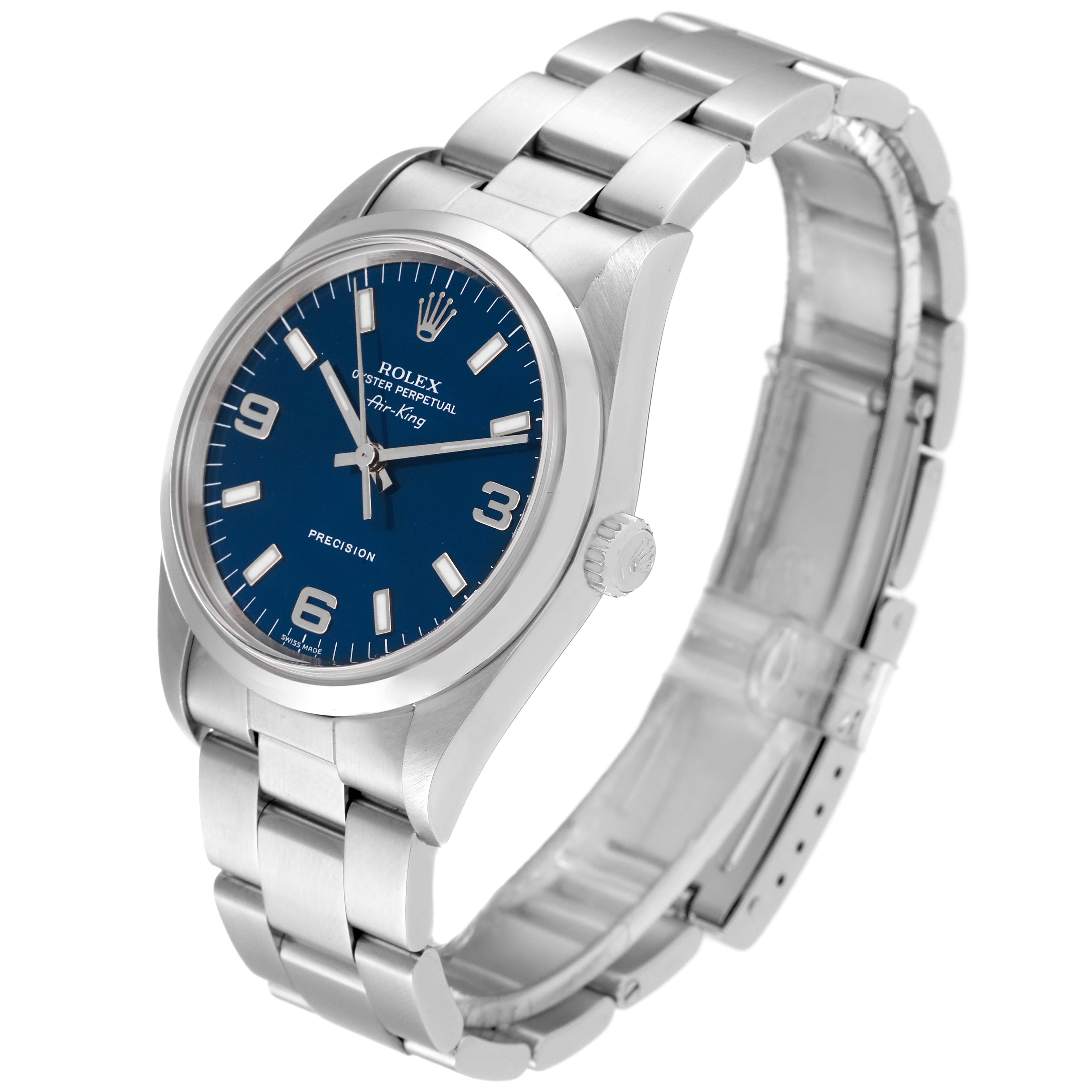 The Rolex Air-King 14000 Men's Stainless Steel Blue Dial 14000 Men's Stainless Steel Blue Dial watch is shown at a three-quarter angle, displaying the watch face, case, bracelet, and clasp.