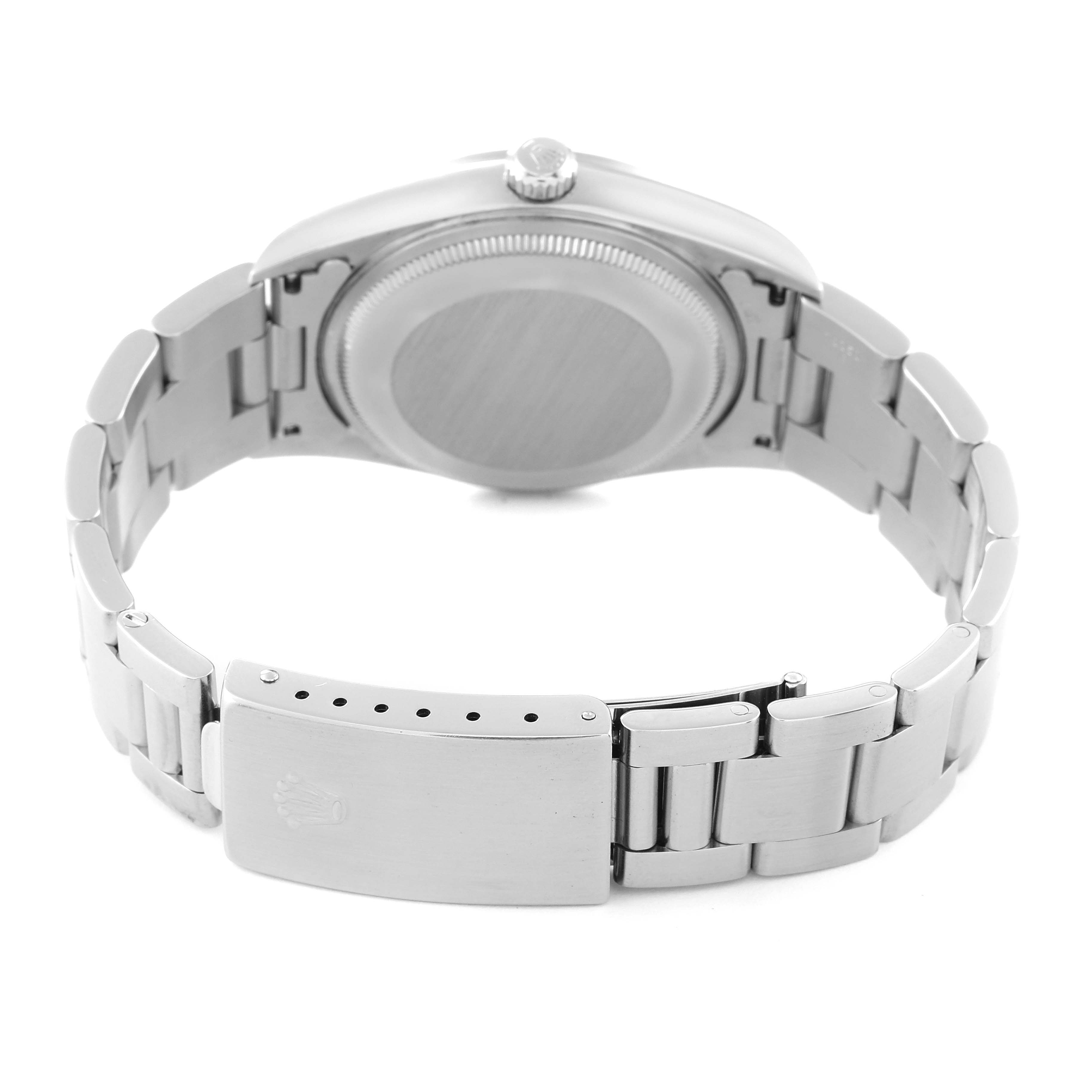 This image shows the back view of the Rolex Air-King 14000 Men's Stainless Steel Blue Dial 14000 Men's Stainless Steel Blue Dial watch and its clasped stainless steel bracelet.