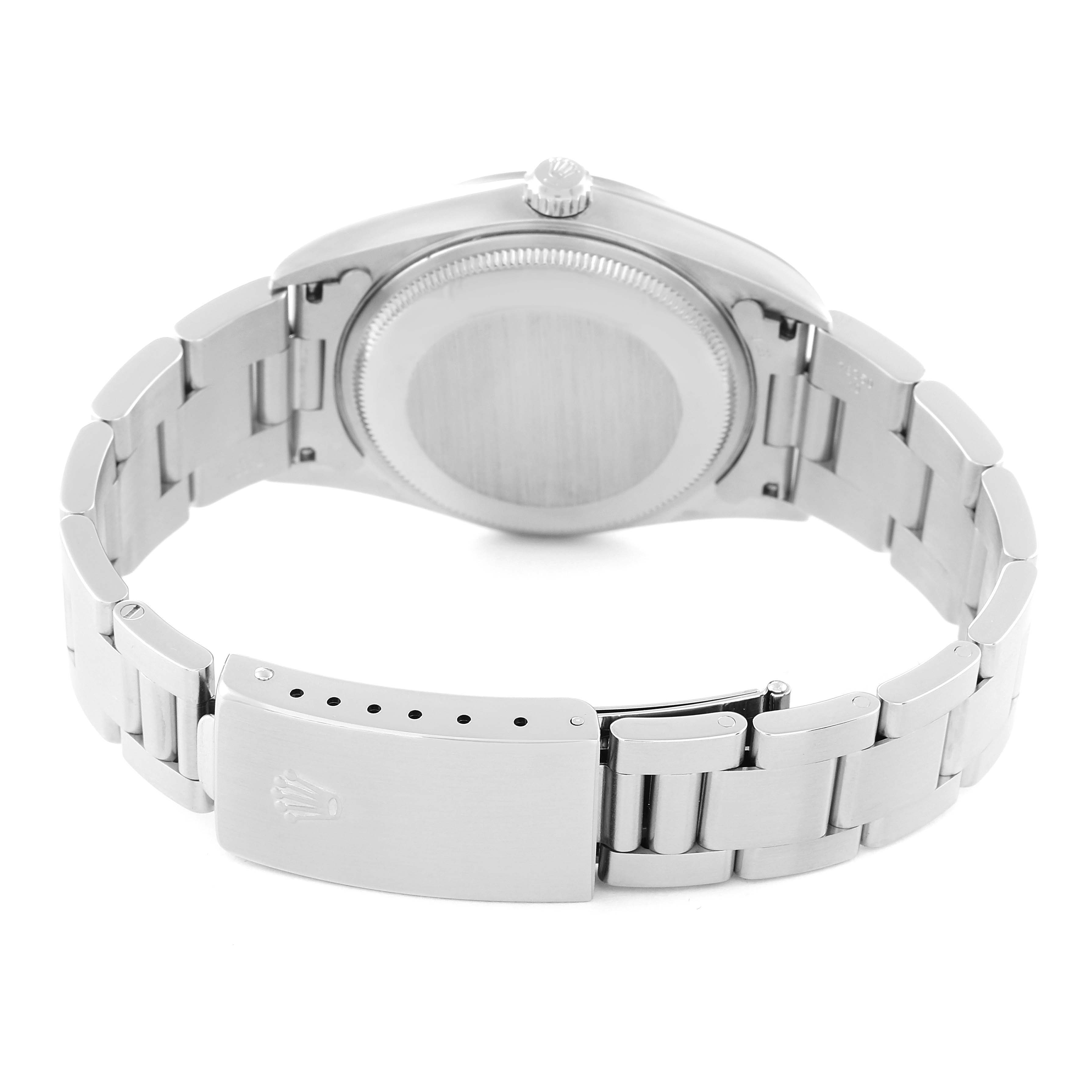 The image shows the back case and bracelet clasp of the Rolex Air-King 14000 Men's Stainless Steel Silver Dial 14000 Men's Stainless Steel Silver Dial watch at an angled rear view.