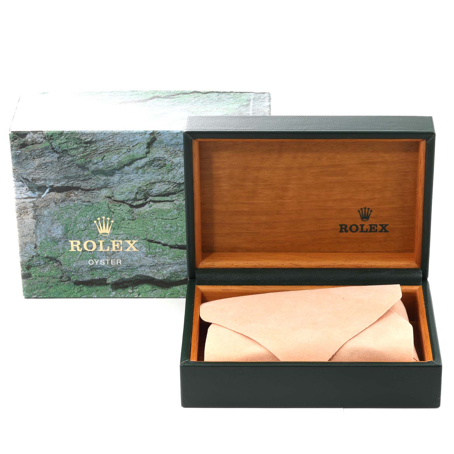 This image shows an open Rolex Air-King 14000 Men's Stainless Steel Silver Dial 14000 Men's Stainless Steel Silver Dial watch box and an outer green box.