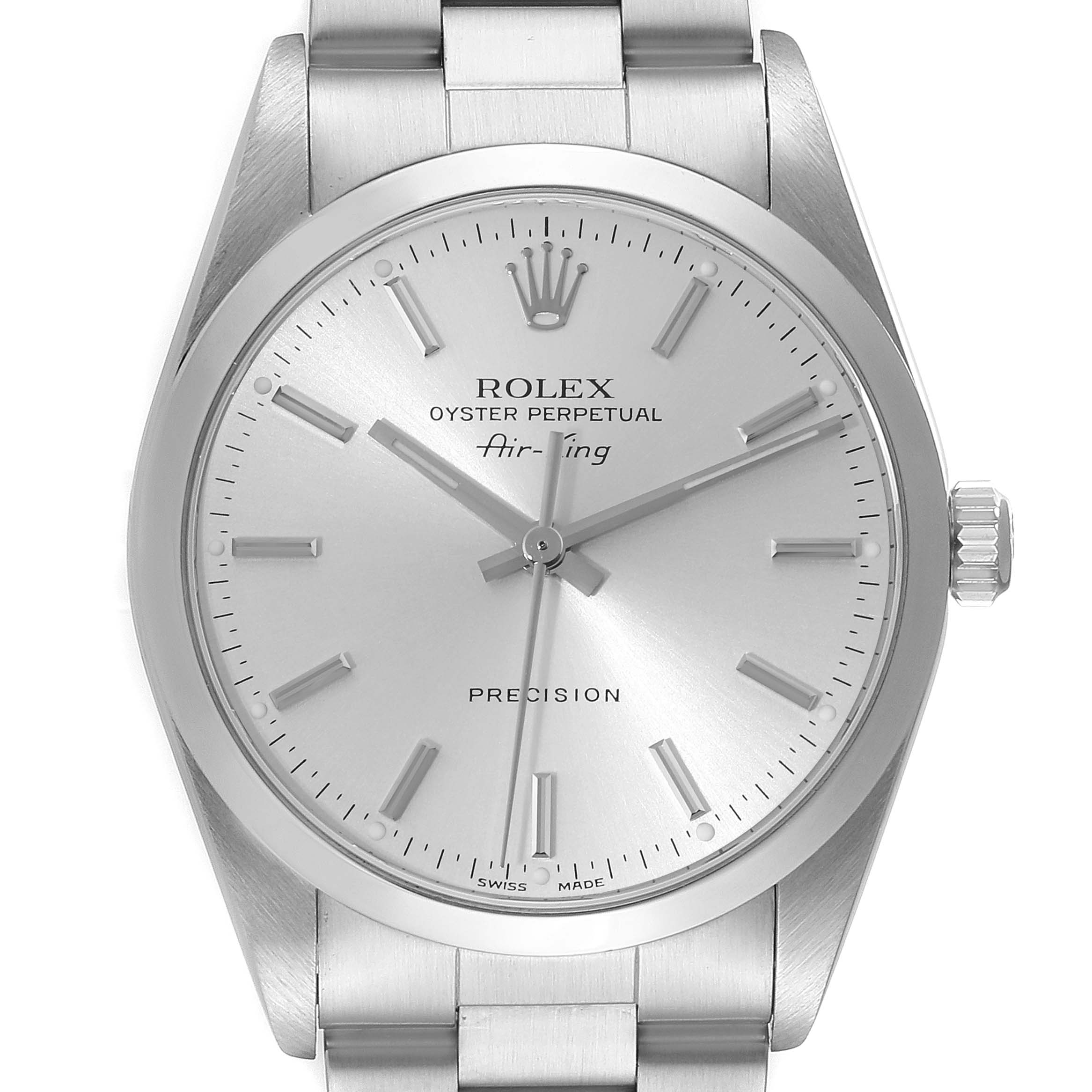 The image shows a front view of a Rolex Air-King 14000 Men's Stainless Steel Silver Dial 14000 Men's Stainless Steel Silver Dial watch, highlighting its face, bezel, and part of the bracelet.