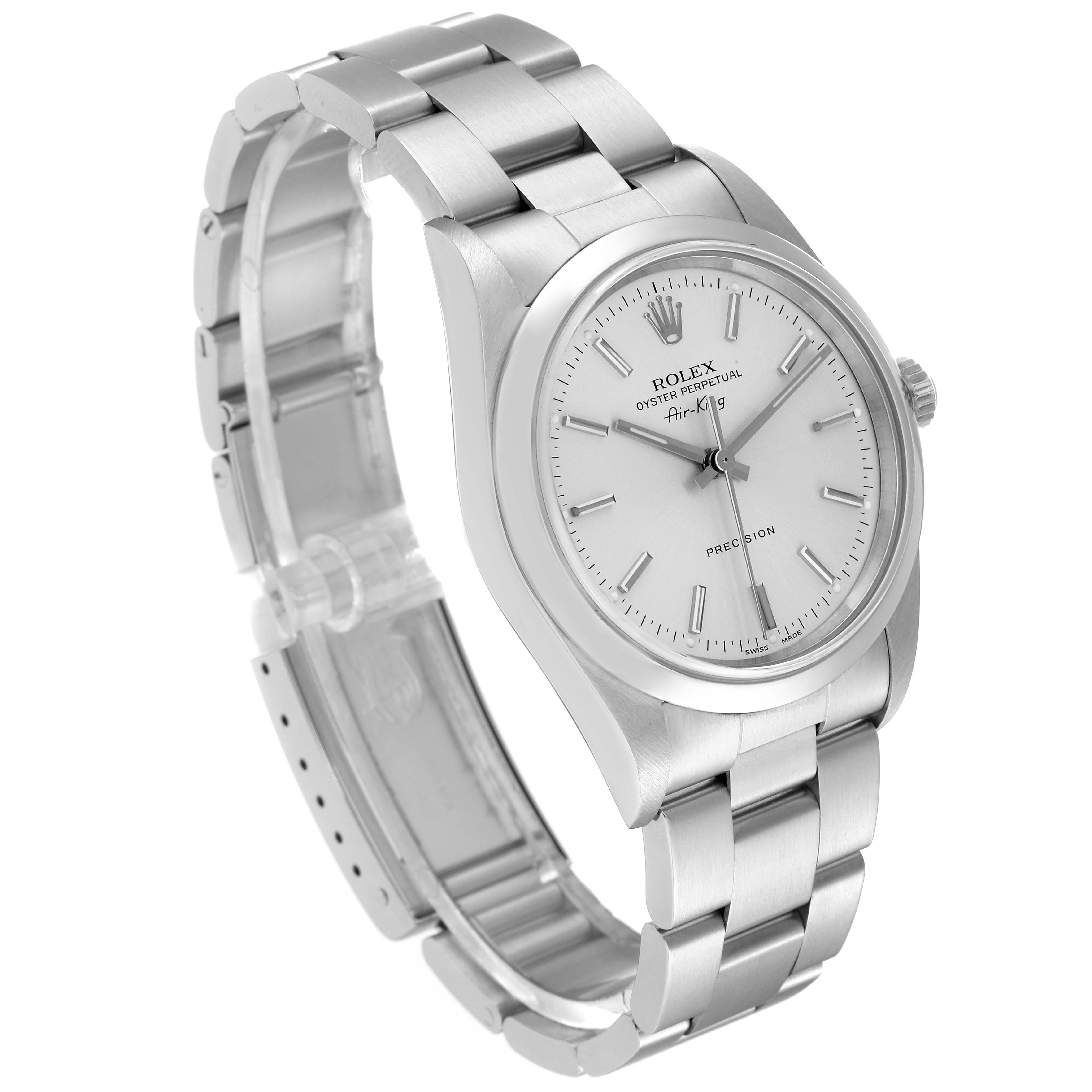 The Rolex Air-King 14000 Men's Stainless Steel Silver Dial 14000 Men's Stainless Steel Silver Dial watch is shown at a slight angle, highlighting the face, bezel, crown, and part of the bracelet.