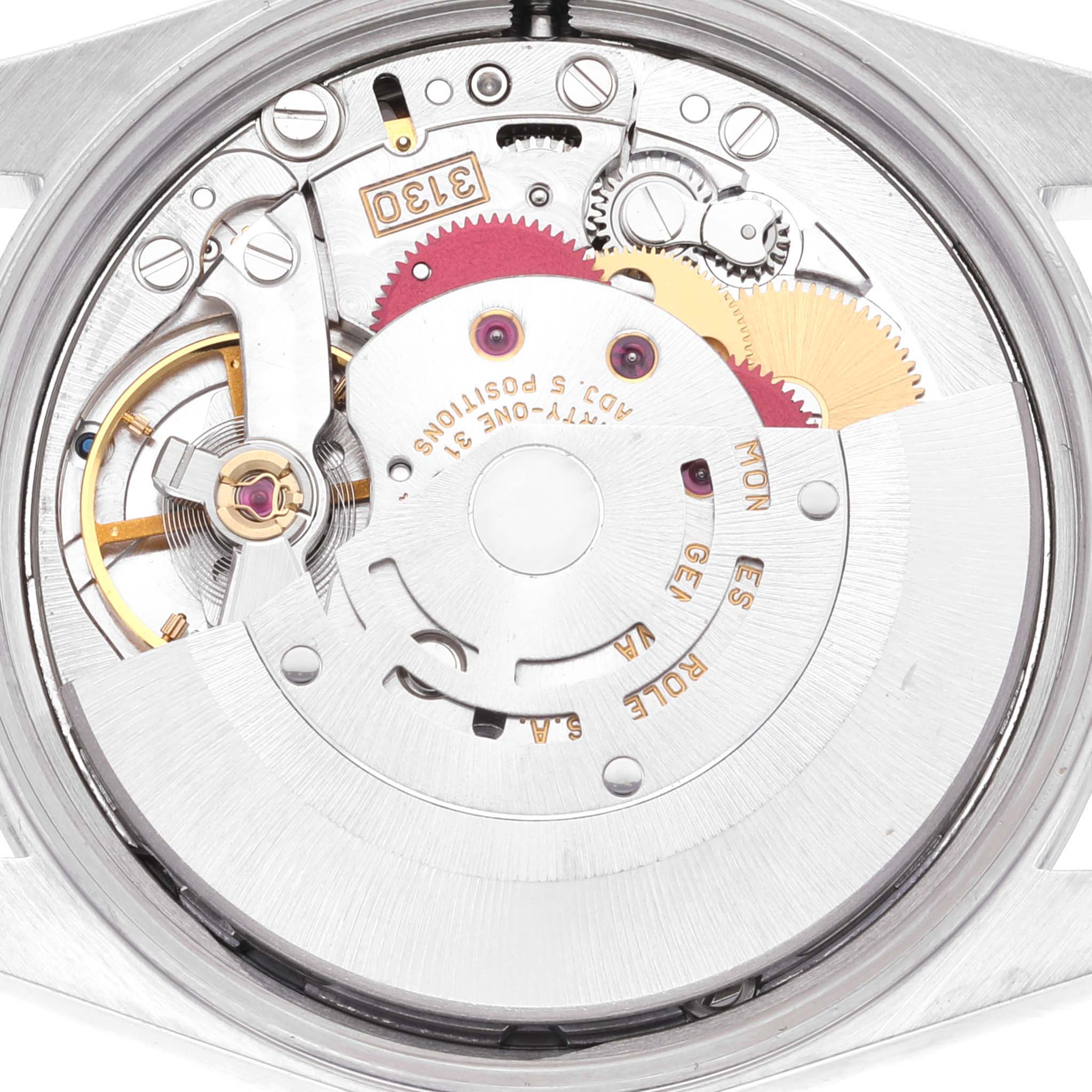 This image shows a close-up view of the intricate internal mechanism of the Rolex Air-King 14000 Men's Stainless Steel Silver Dial 14000 Men's Stainless Steel Silver Dial watch movement.