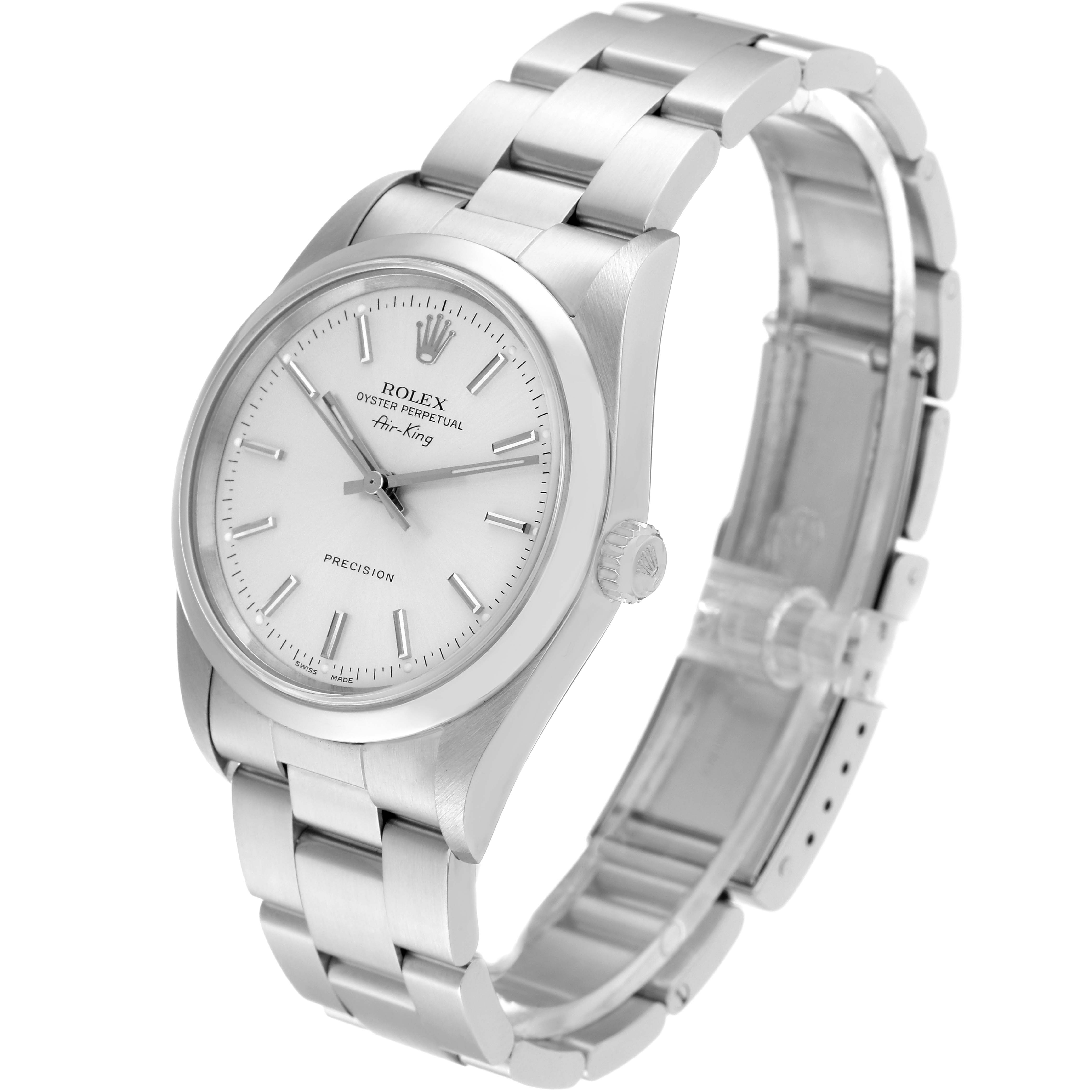 The Rolex Air-King 14000 Men's Stainless Steel Silver Dial 14000 Men's Stainless Steel Silver Dial watch is shown at a three-quarter angle, highlighting the dial, crown, and bracelet.