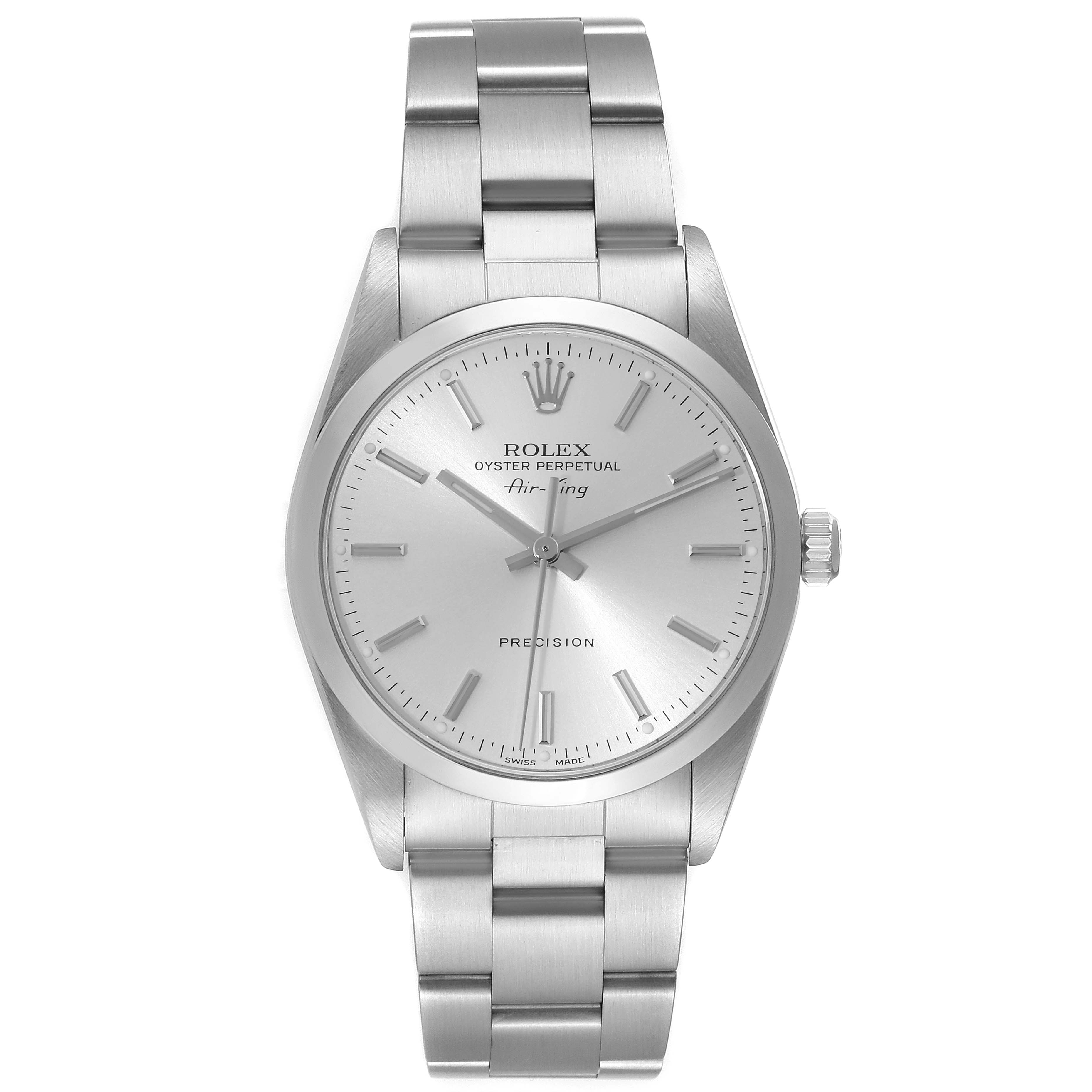 The image shows a front view of a Rolex Air-King 14000 Men's Stainless Steel Silver Dial 14000 Men's Stainless Steel Silver Dial watch, displaying the dial, case, and bracelet.