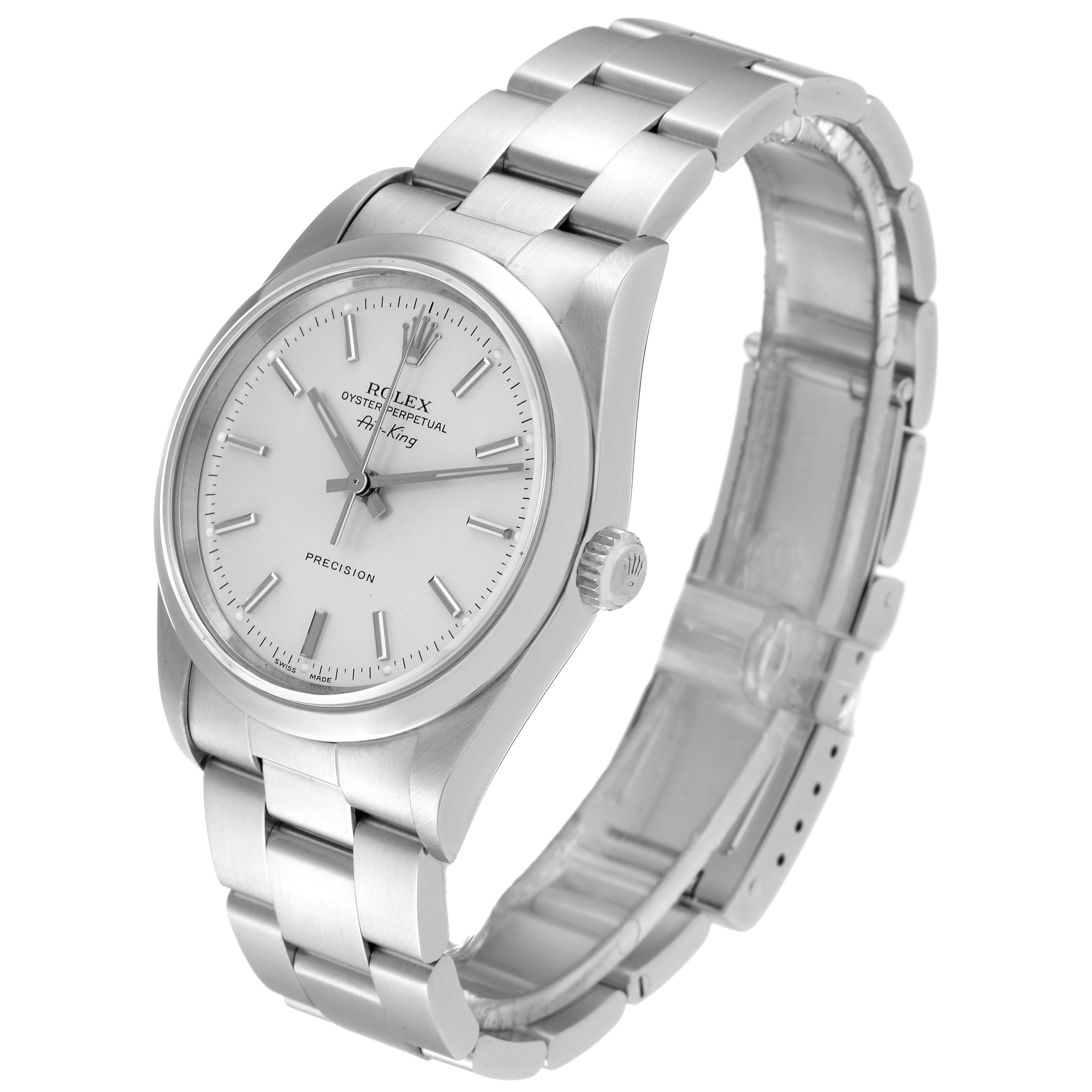 This image shows a Rolex Air-King 14000 Men's Stainless Steel Red Dial 14000 Men's Stainless Steel Red Dial watch at a slight angle, highlighting its face, bracelet, and clasp.