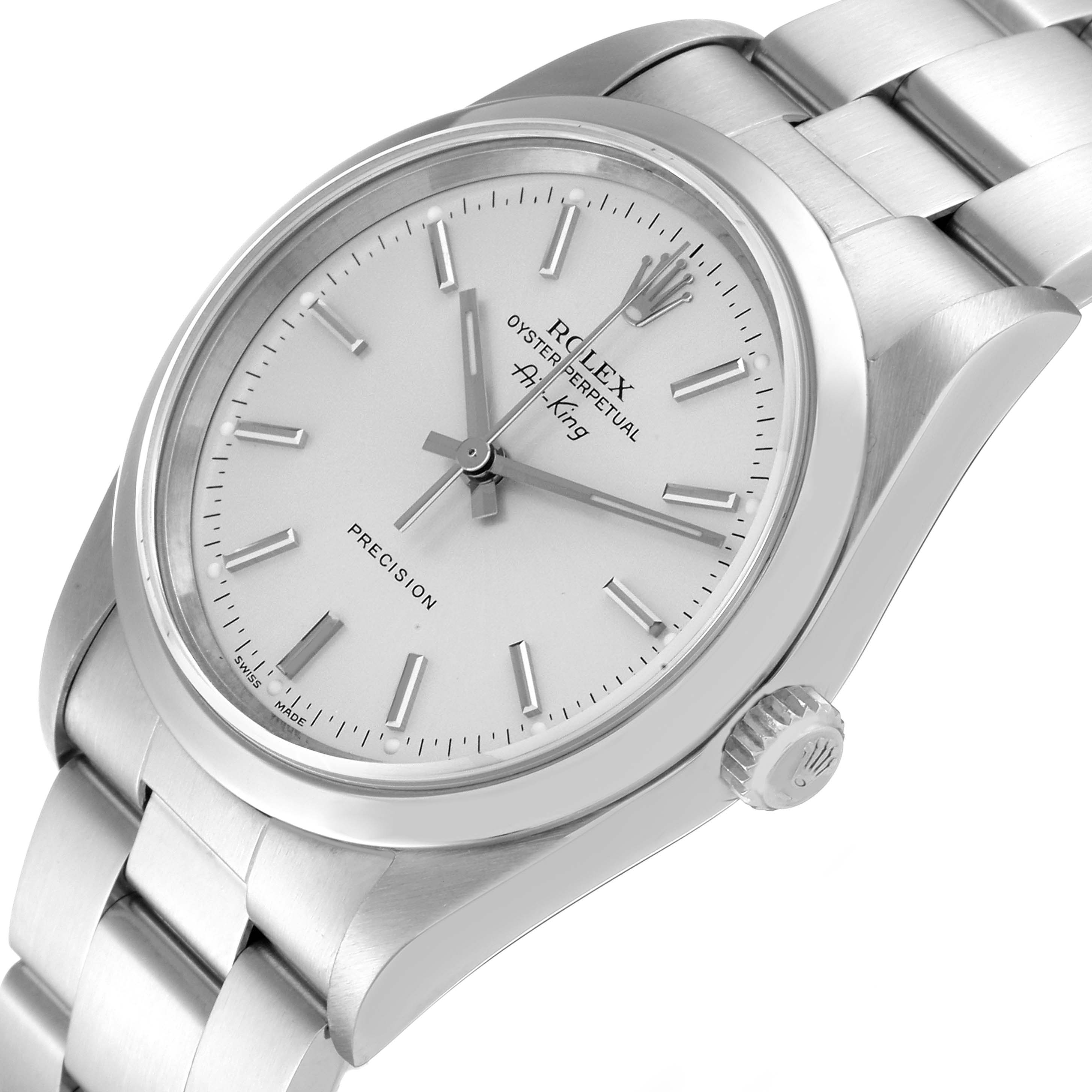 This is a close-up of the Rolex Air-King 14000 Men's Stainless Steel Red Dial 14000 Men's Stainless Steel Red Dial watch, showing the dial, crown, and part of the bracelet.