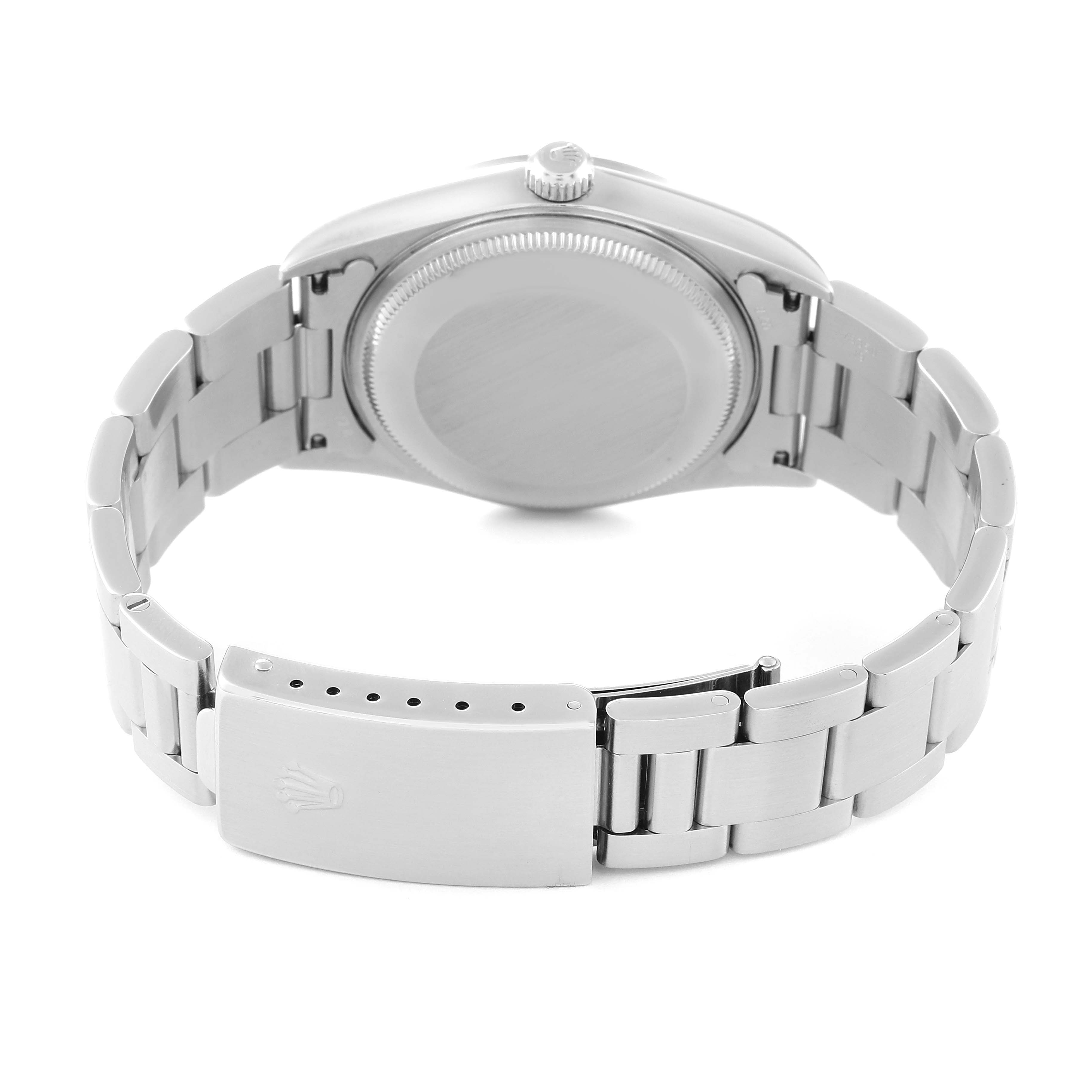 The image shows the back view of the Rolex Air-King 14000 Men's Stainless Steel Red Dial 14000 Men's Stainless Steel Red Dial watch, highlighting the case back and the bracelet clasp.