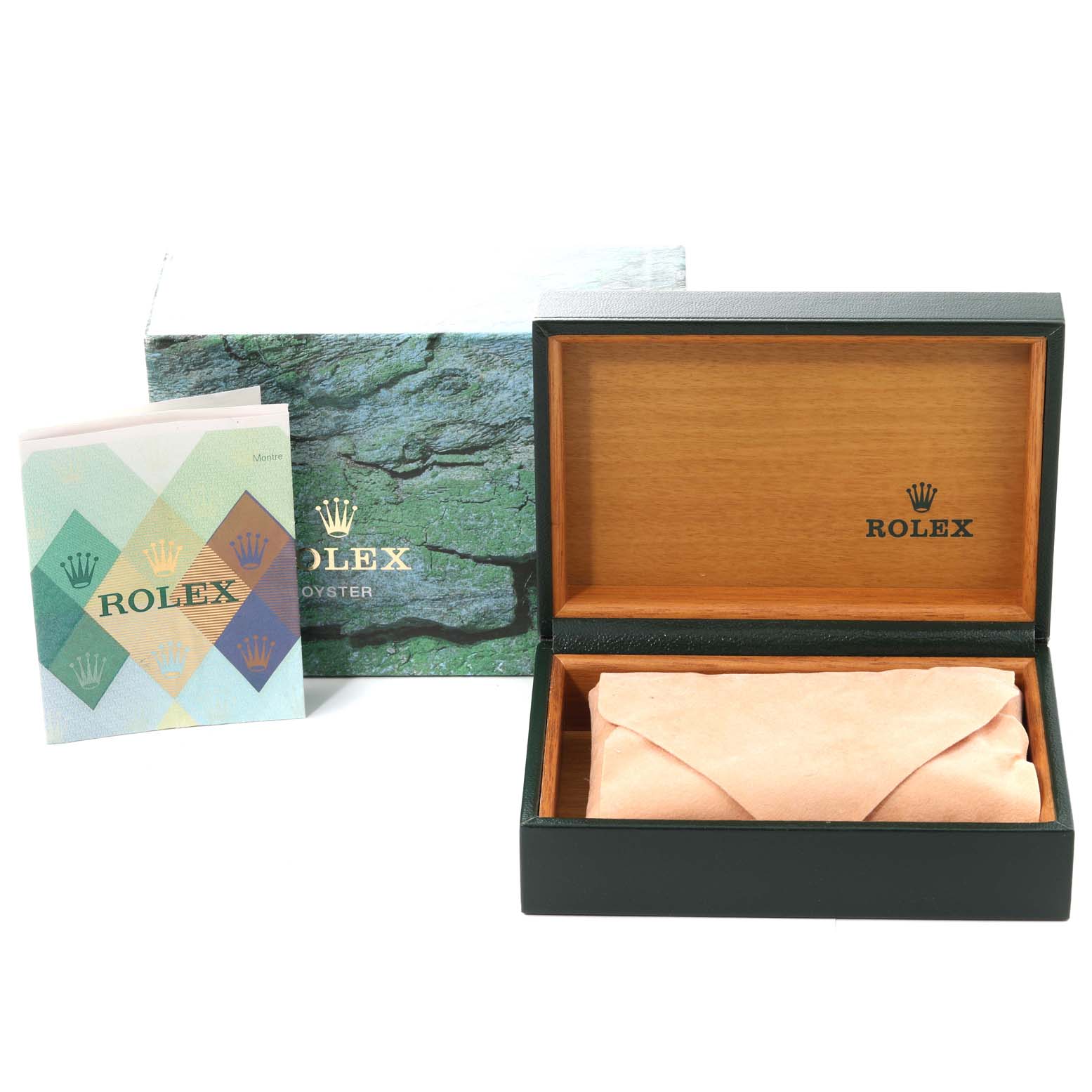 The image shows the packaging accessories for a Rolex Air-King 14000 Men's Stainless Steel Red Dial 14000 Men's Stainless Steel Red Dial watch, including the outer box, manual, and inner wooden box.