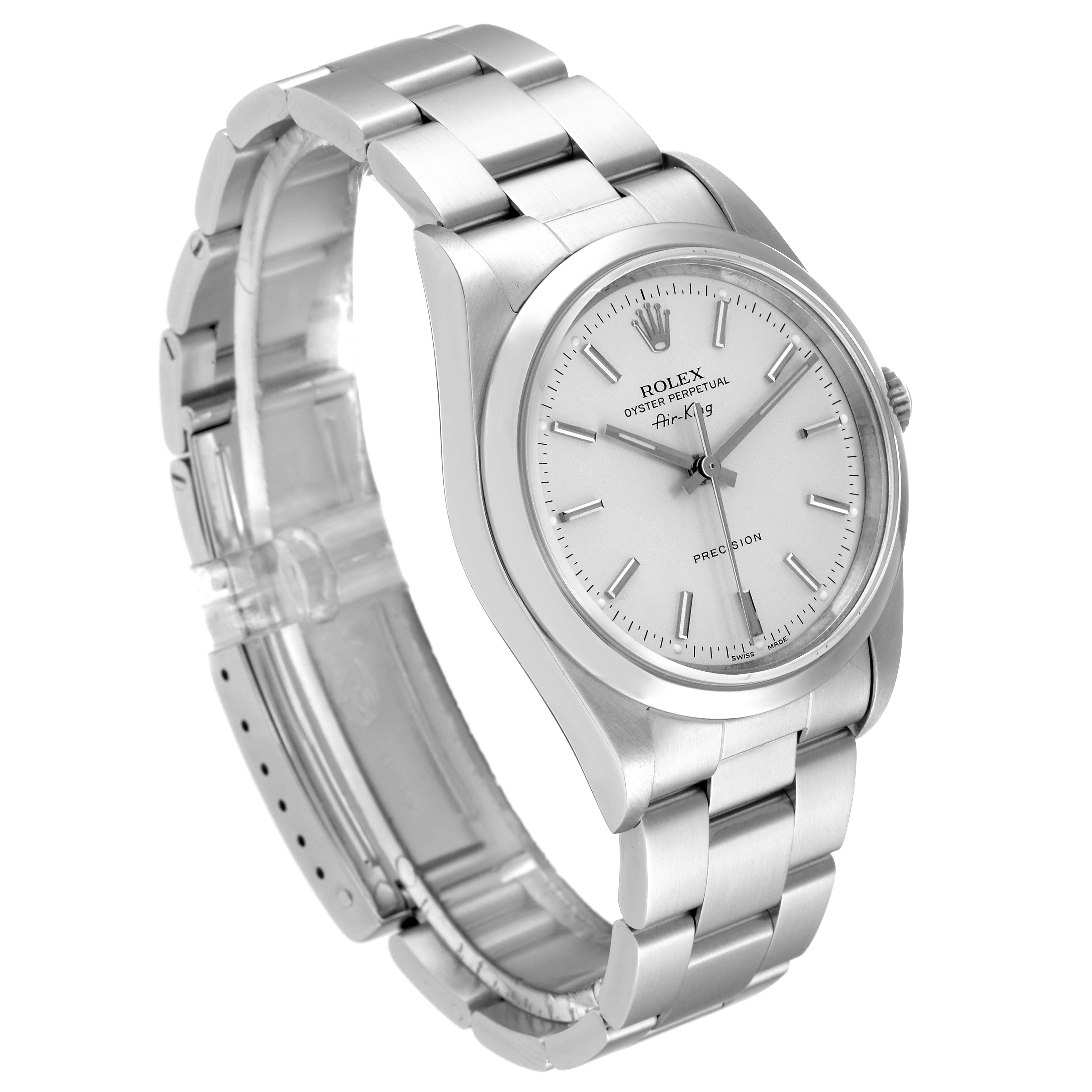 The image shows a side angle of a Rolex Air-King 14000 Men's Stainless Steel Red Dial 14000 Men's Stainless Steel Red Dial watch, highlighting the face, bezel, and bracelet.