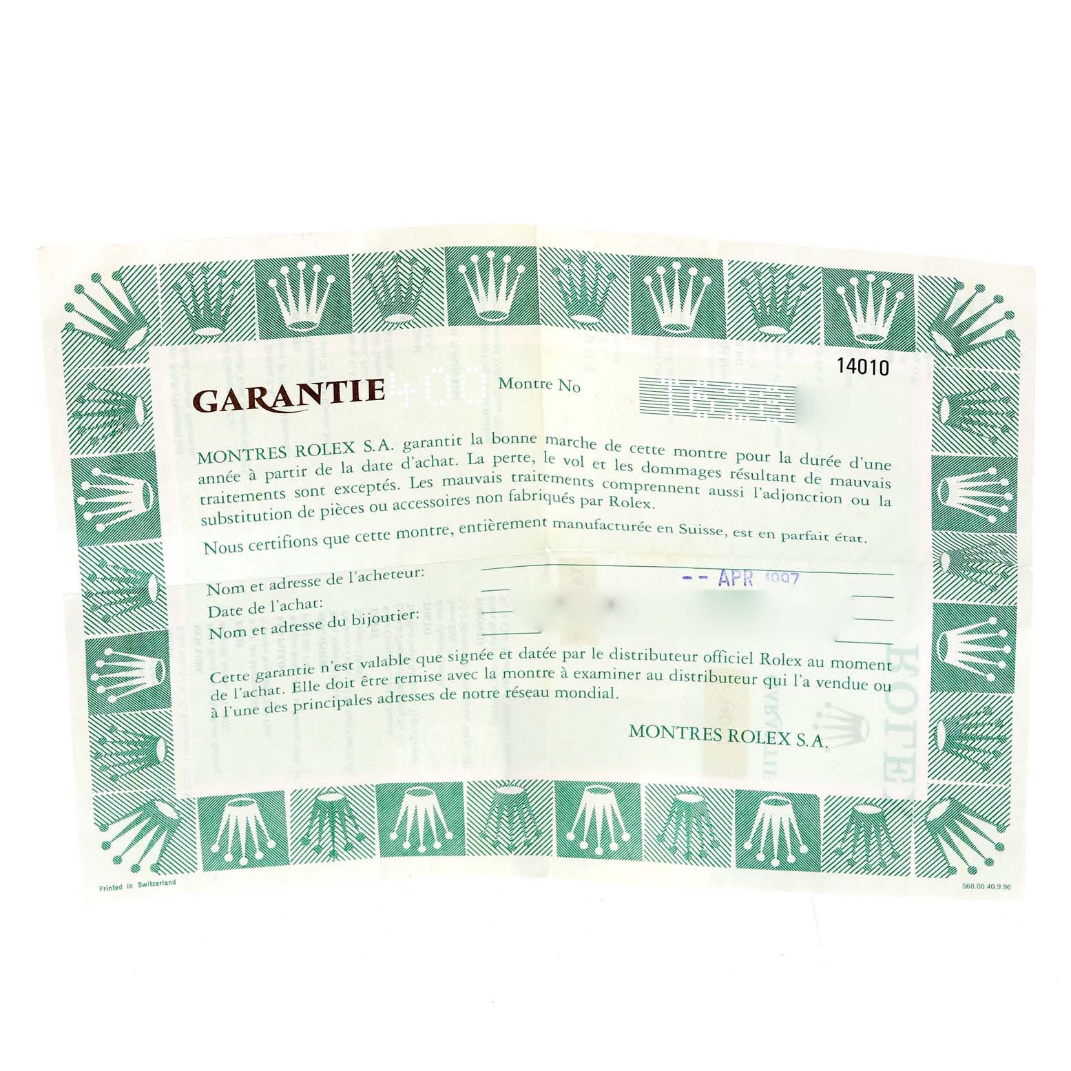 This image shows the warranty certificate for a Rolex Air-King 14010 Men's Stainless Steel Black Dial 14010 Men's Stainless Steel Black Dial model, featuring brand and model information prominently.