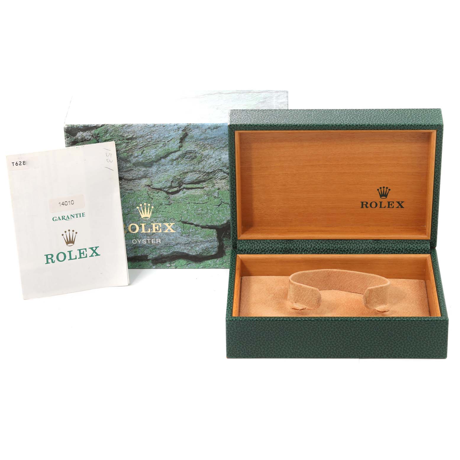 This image shows the packaging for a Rolex Air-King 14010 Men's Stainless Steel Black Dial 14010 Men's Stainless Steel Black Dial watch, including the open green box, booklet, and outer sleeve.