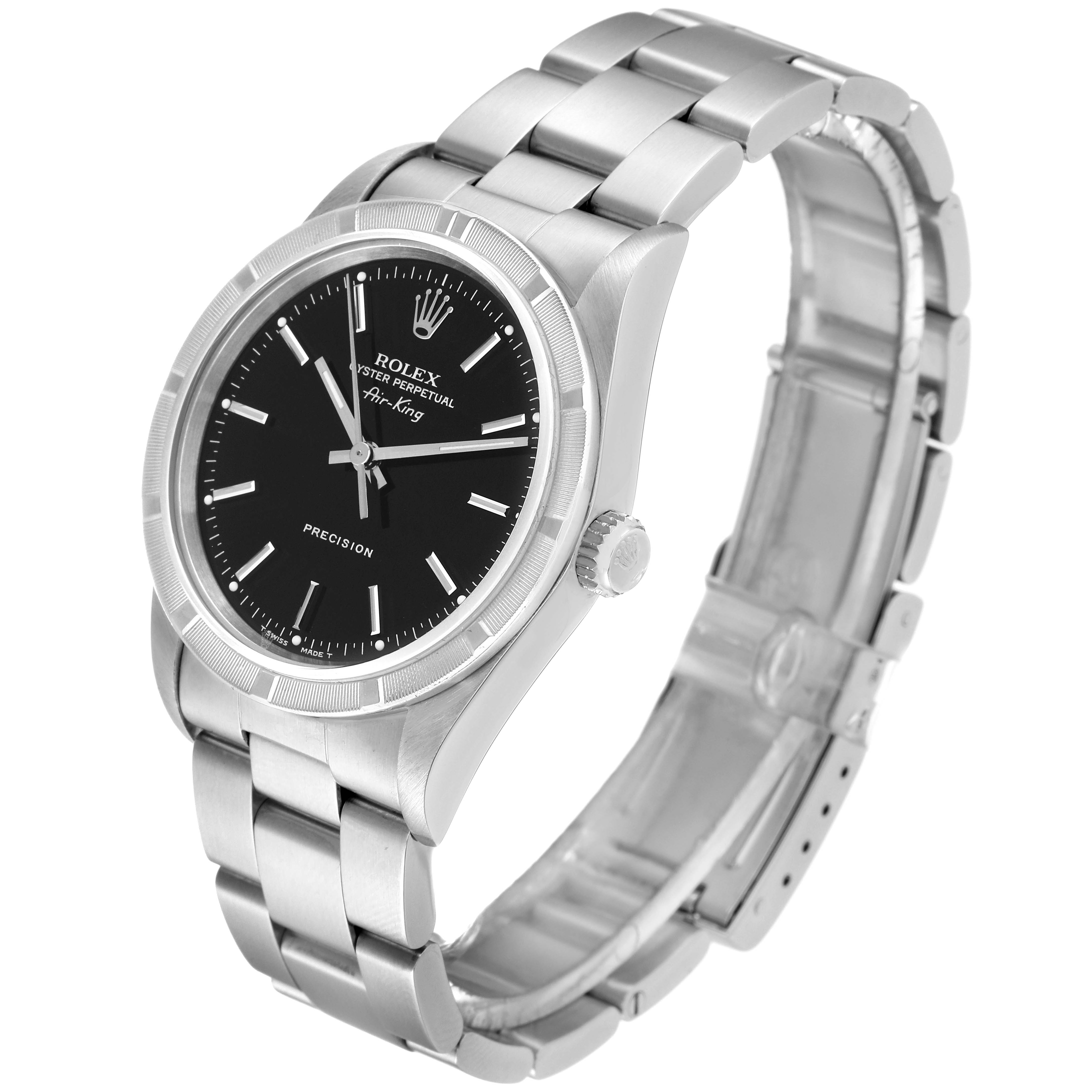 The Rolex Air-King 14010 Men's Stainless Steel Black Dial 14010 Men's Stainless Steel Black Dial watch is shown at a slight angle, featuring its stainless steel case, black dial, and metal bracelet.