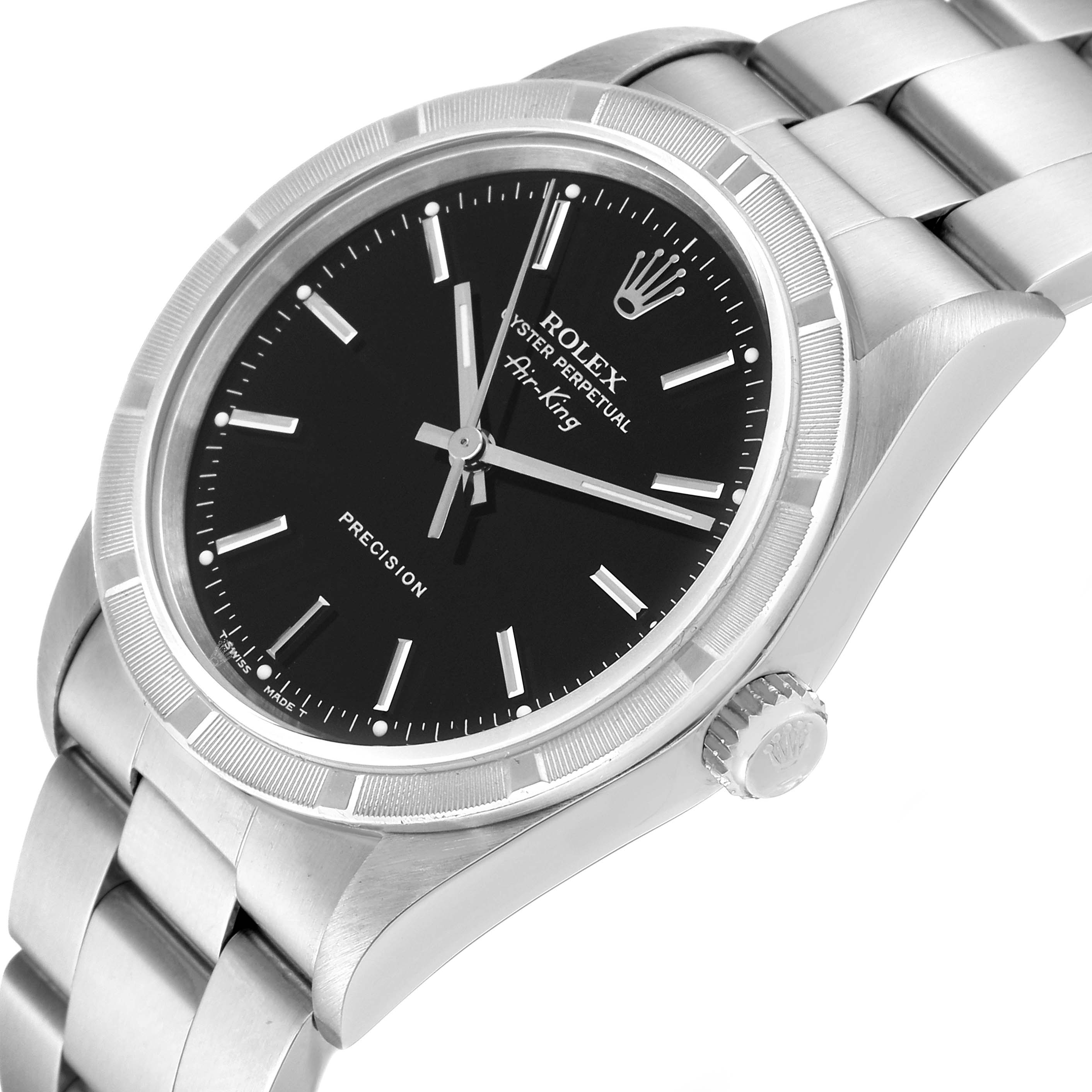 The image shows a Rolex Air-King 14010 Men's Stainless Steel Black Dial 14010 Men's Stainless Steel Black Dial watch from an angled perspective, highlighting its black dial, silver indices, crown, and stainless steel bracelet.