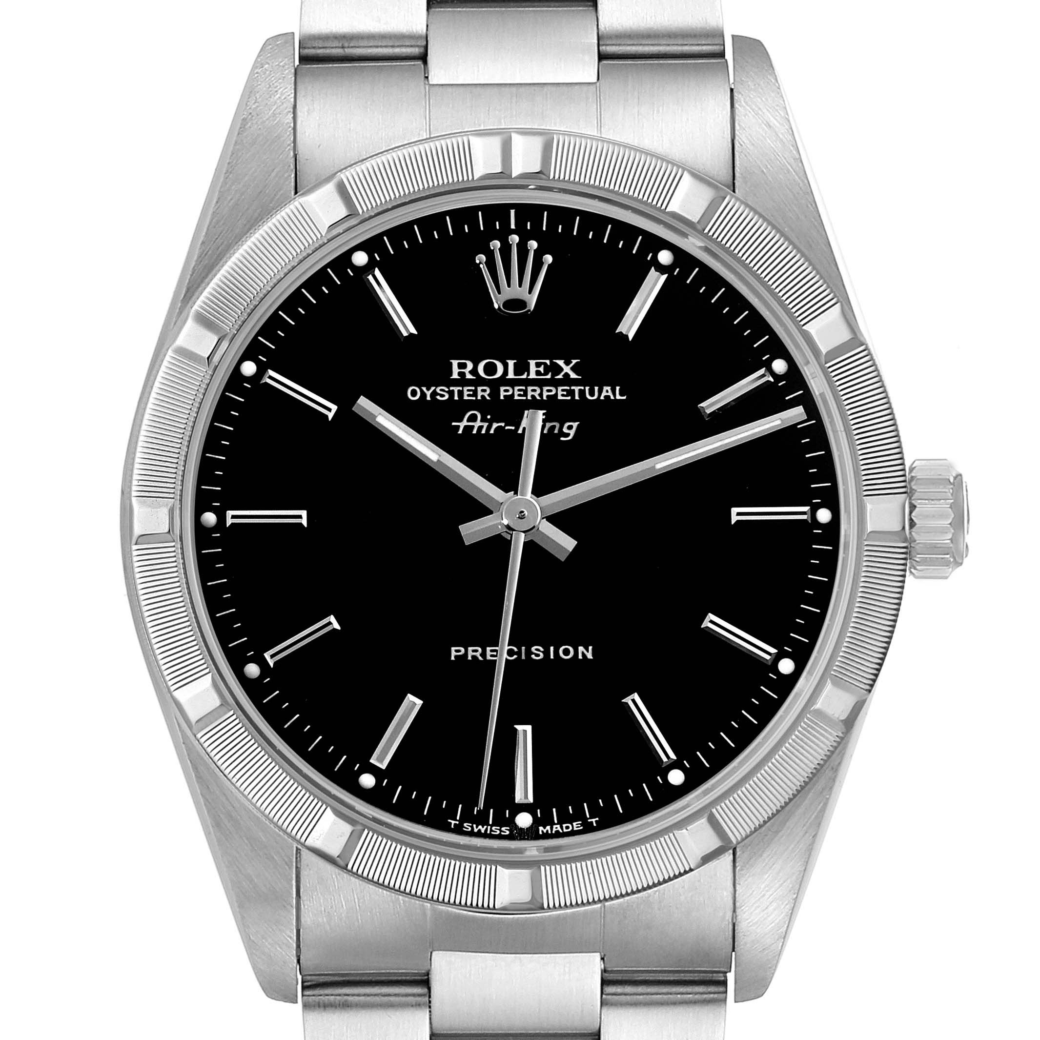 The image shows a front view of an Air-King model by Rolex, displaying the dial, bezel, crown, and part of the bracelet.