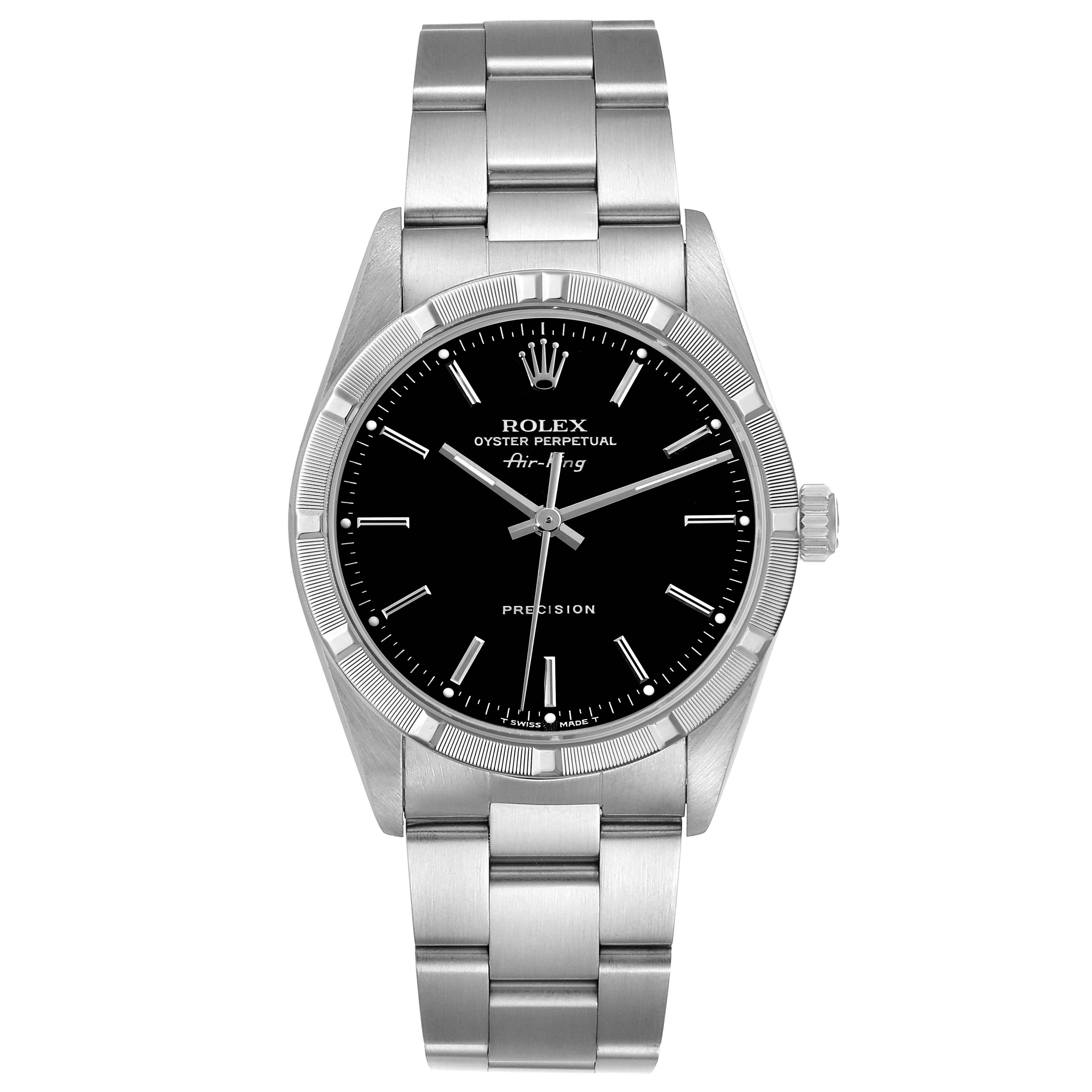 The image shows a frontal view of the Rolex Air-King 14010 Men's Stainless Steel Black Dial 14010 Men's Stainless Steel Black Dial watch, featuring its face, bezel, and stainless steel bracelet.