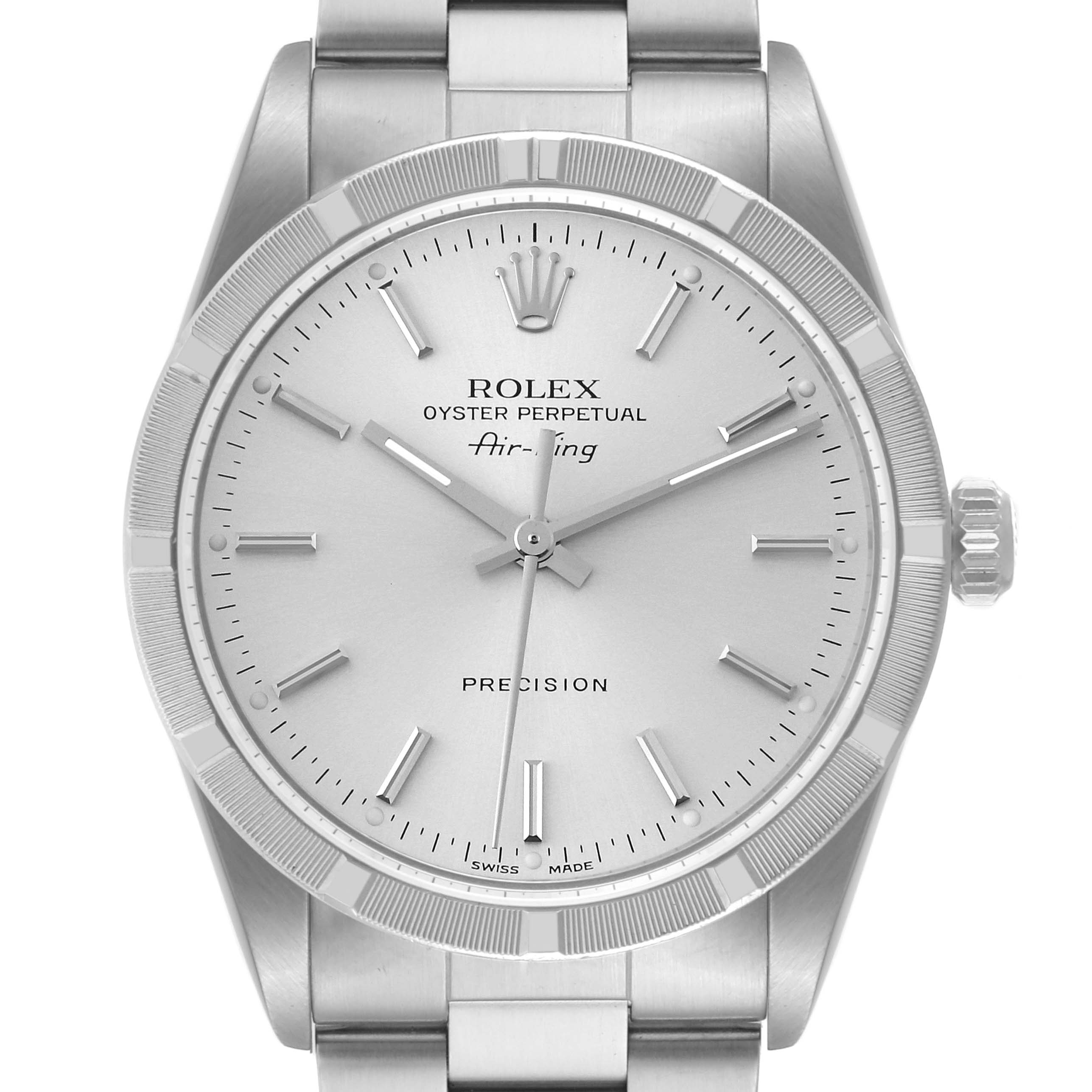 The image shows a front view of a Rolex Air-King 14010 Men's Stainless Steel Silver Dial 14010 Men's Stainless Steel Silver Dial watch, displaying the dial, bezel, and part of the bracelet.