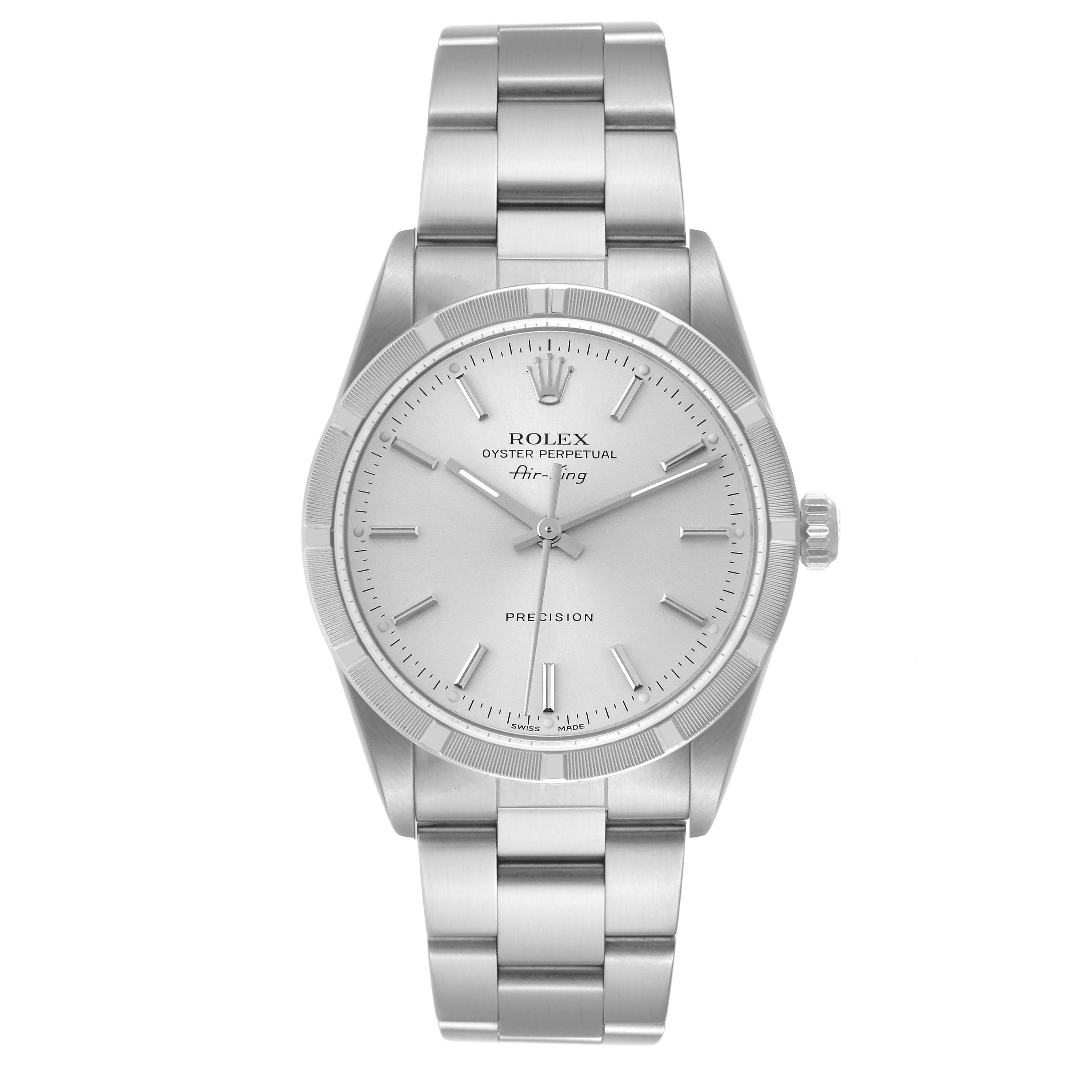 The image shows a frontal view of a Rolex Air-King 14010 Men's Stainless Steel Silver Dial 14010 Men's Stainless Steel Silver Dial watch displaying its dial, bezel, and bracelet.